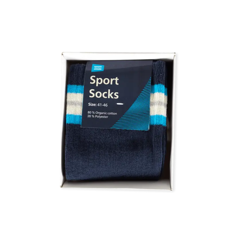 Navy blue socks in a box, atlas copco branded