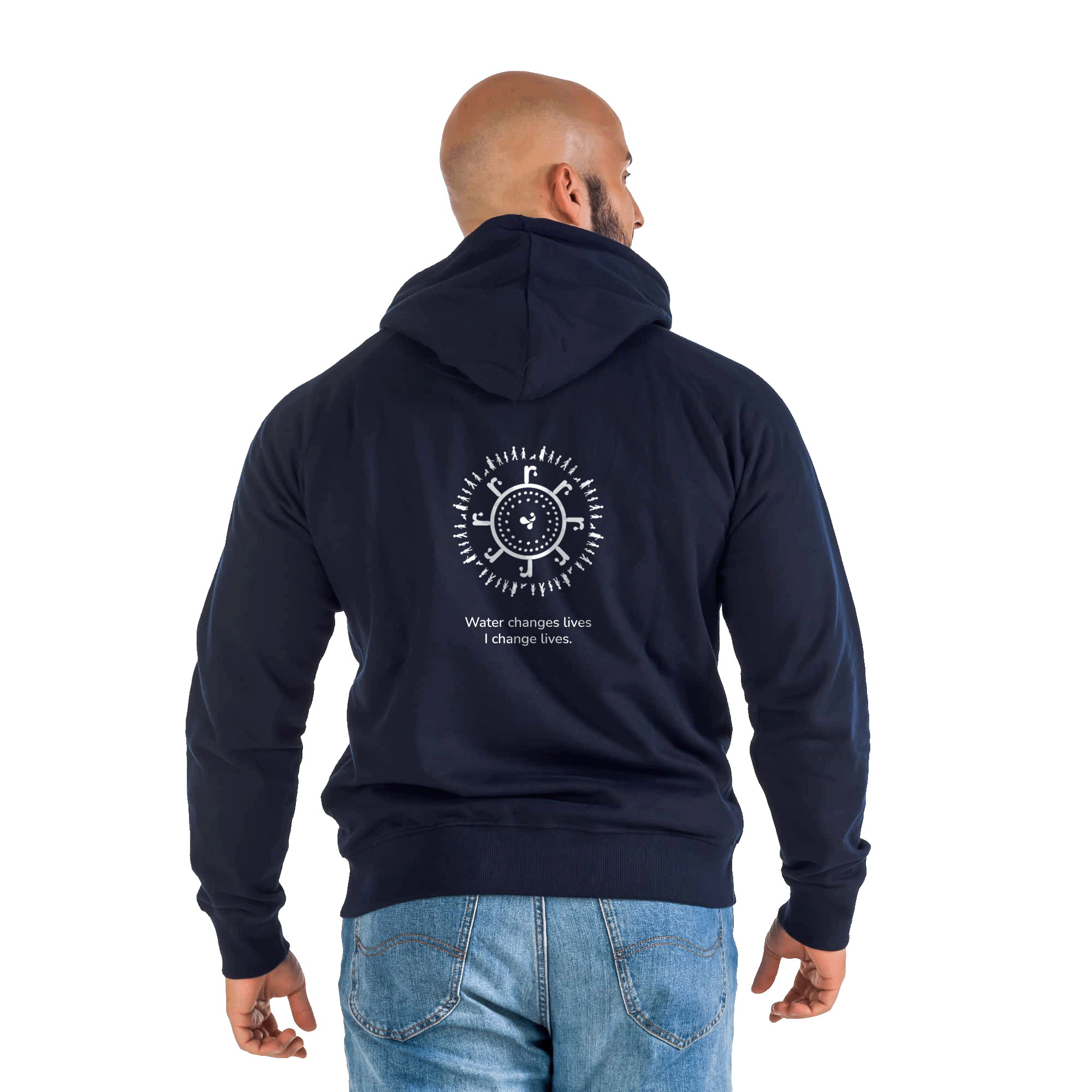 navy hoodie with gtrw pattern and water for all logo on the back