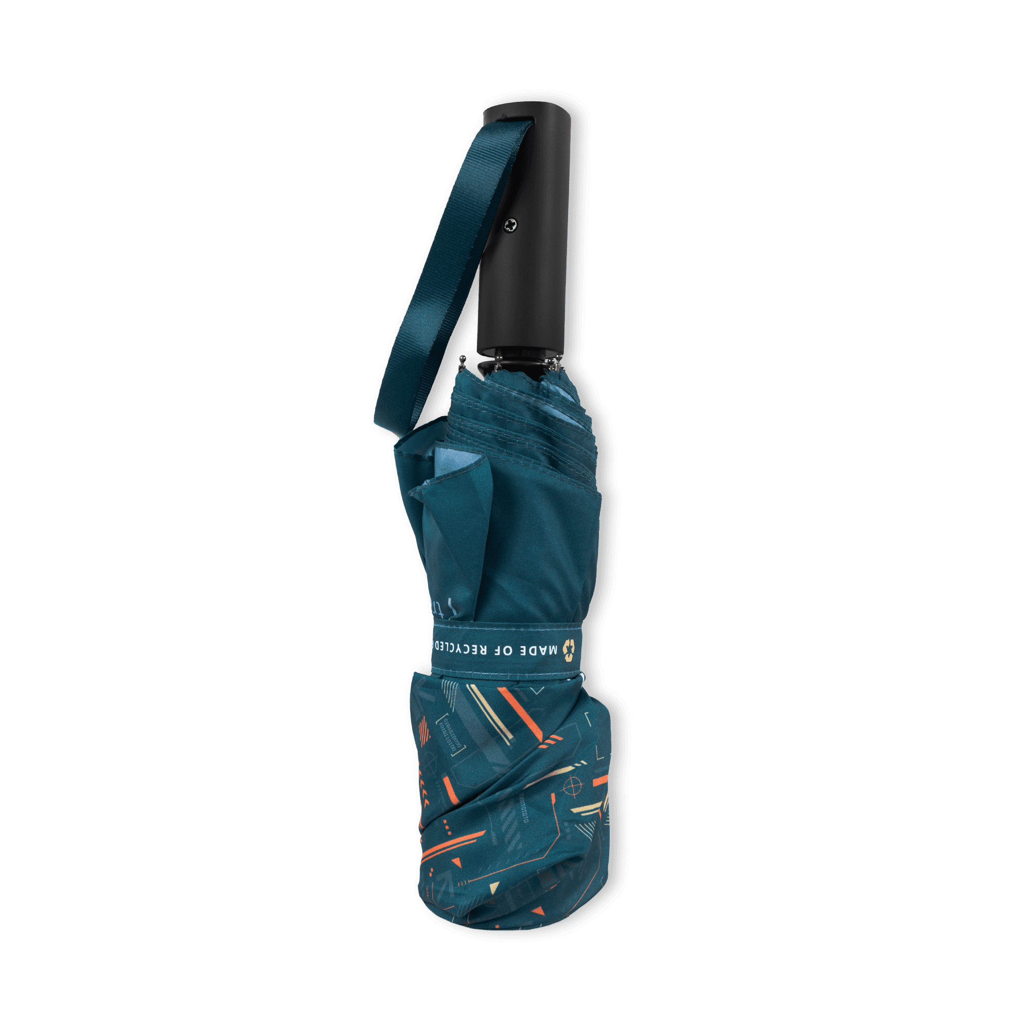 atlas copco group teal umbrella with logo and pattern folded