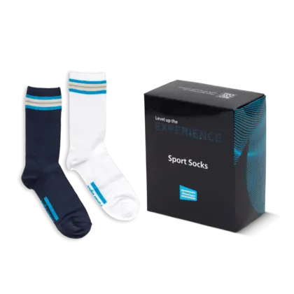 Navy blue socks in a box, atlas copco branded