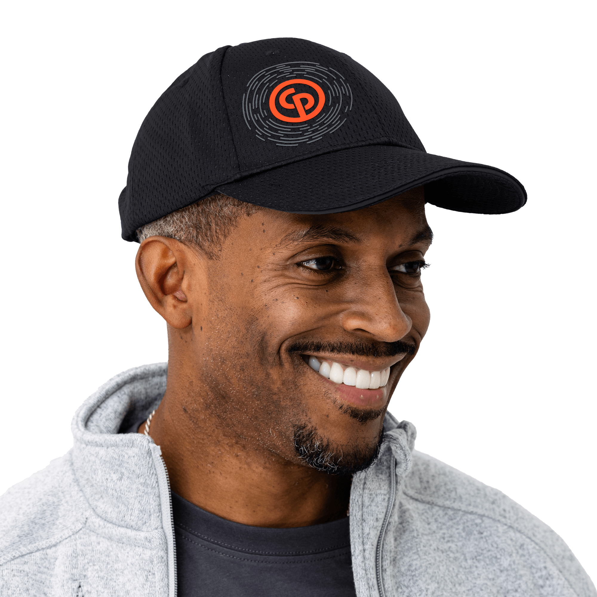 black cap with chicago pneumatic logo in red on model