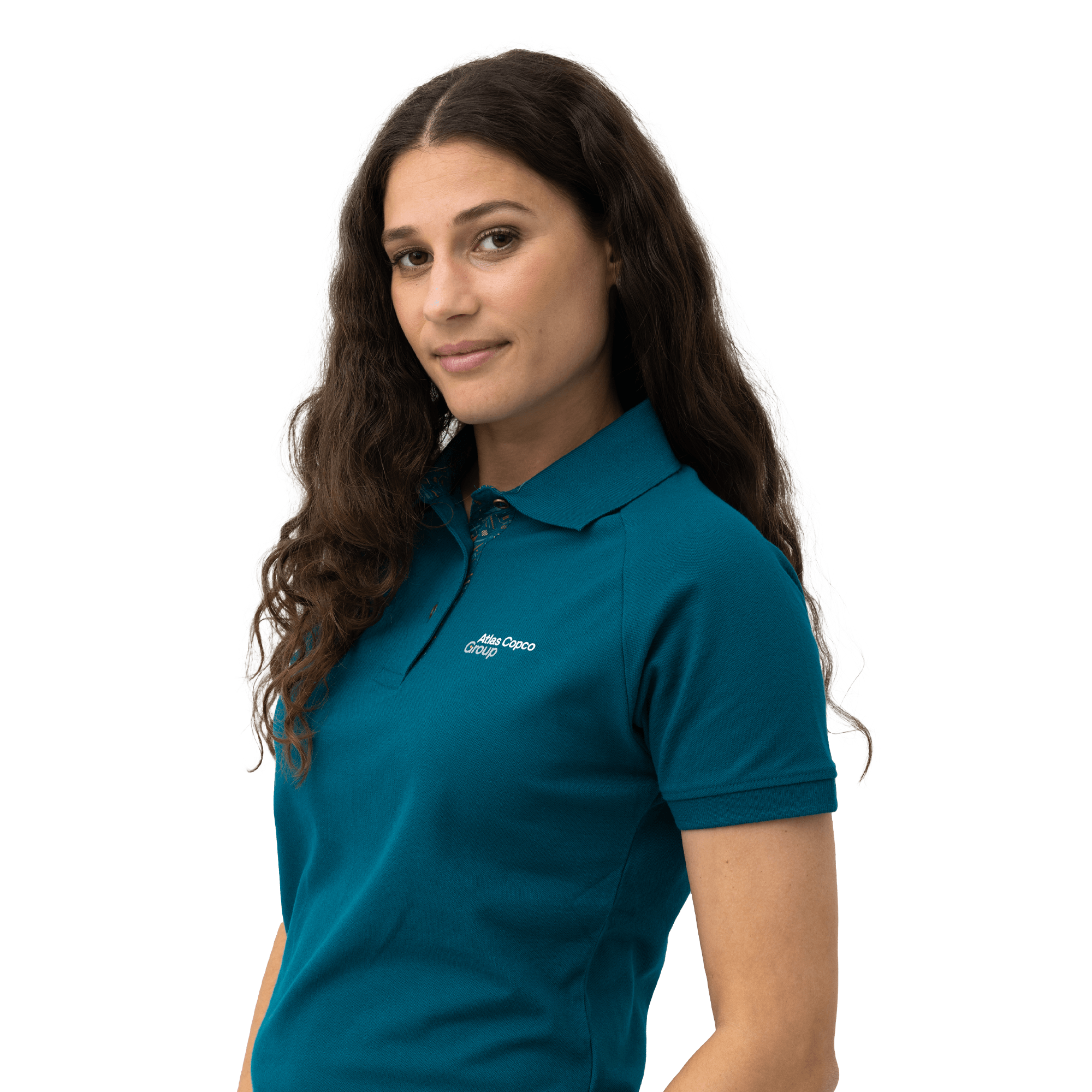teal atlas copco group polo with white logo
