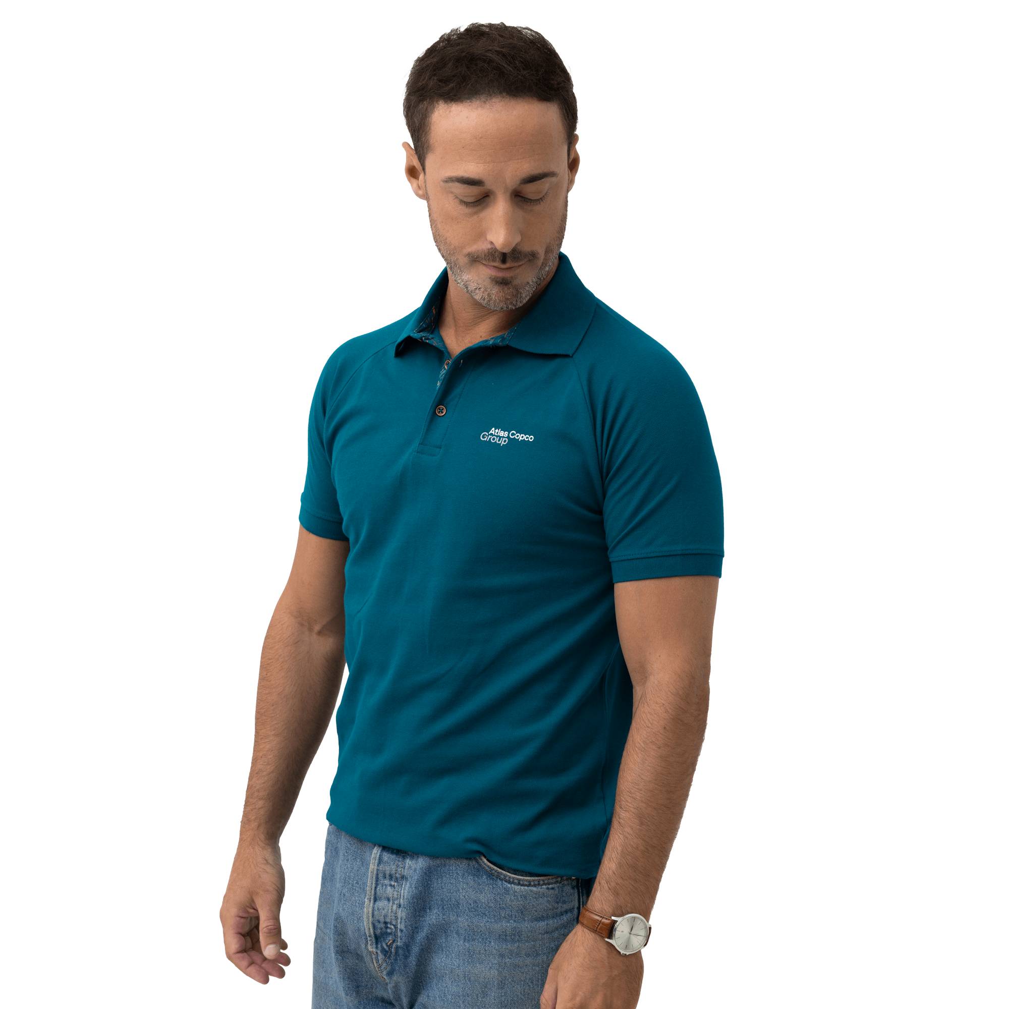 teal atlas copco group polo with white logo