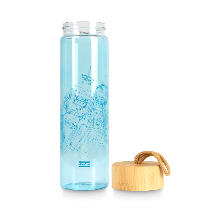 blue glassbottle with atlas copco pattern