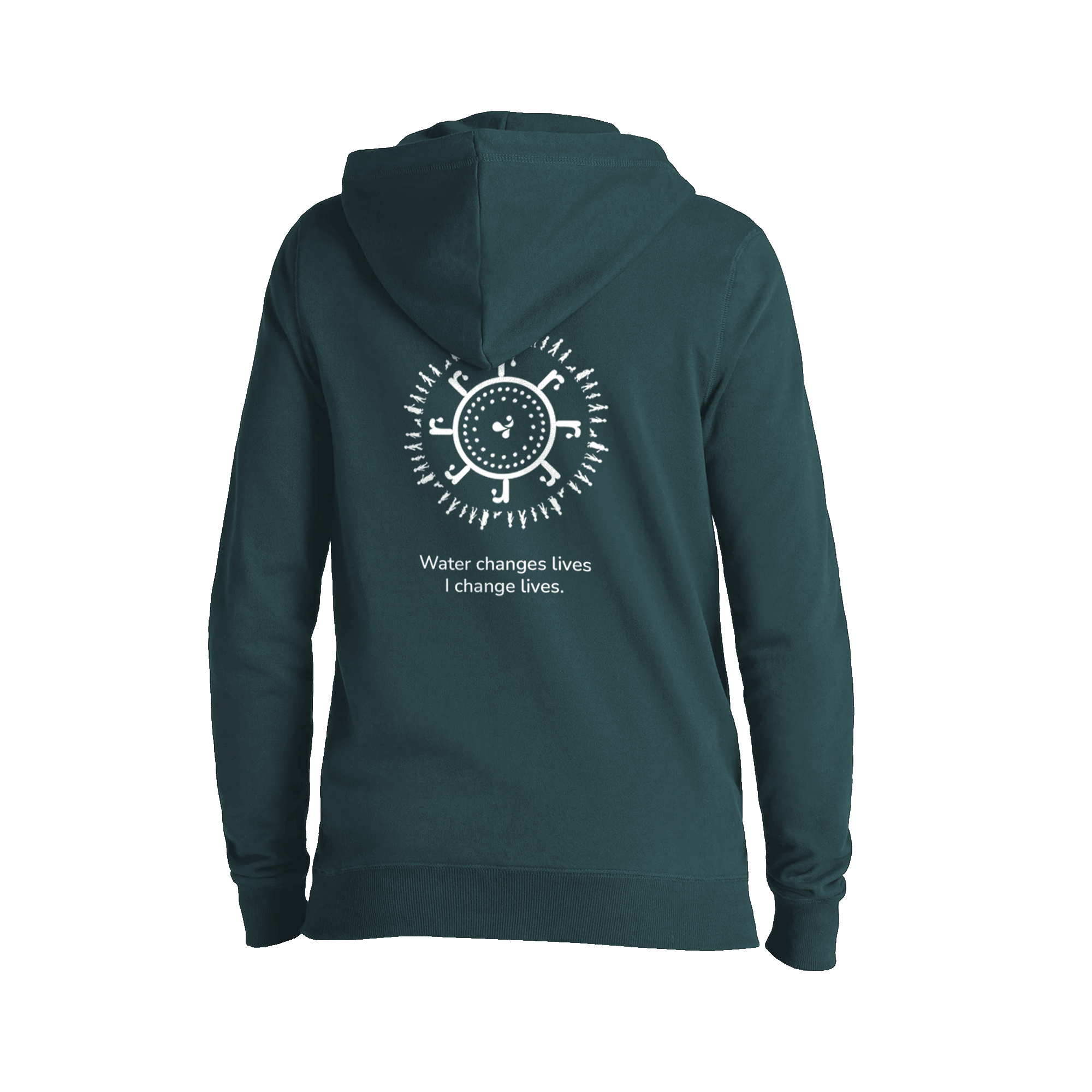 teal atlas copco group hoodie with water for all logo on the back