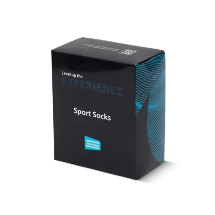 Navy blue and white socks, atlas copco branded