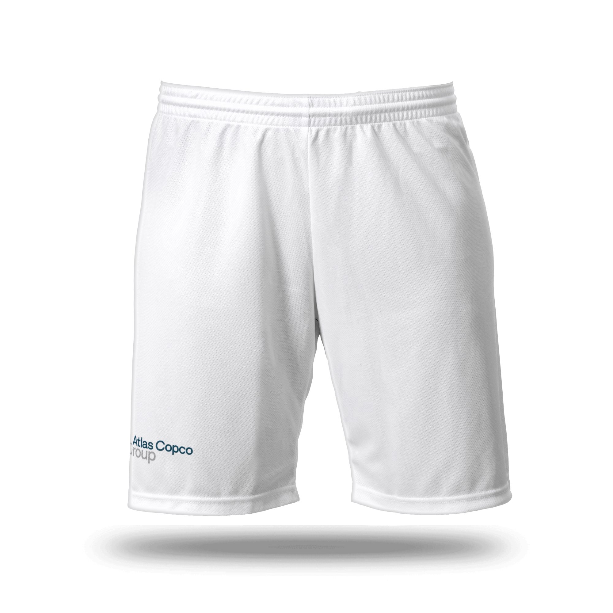 white soccer jersey shorts with atlas copco group logo