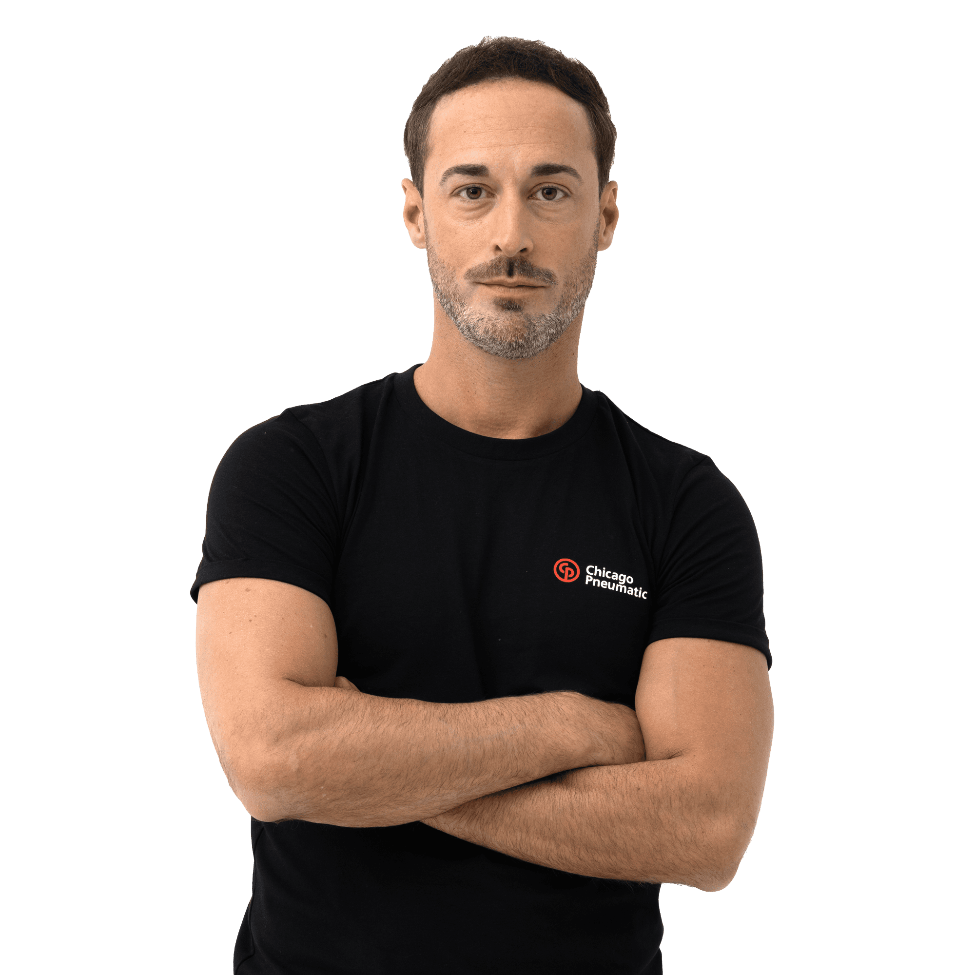 black t-shirt with chicago pneumatic logo in white on male model close up