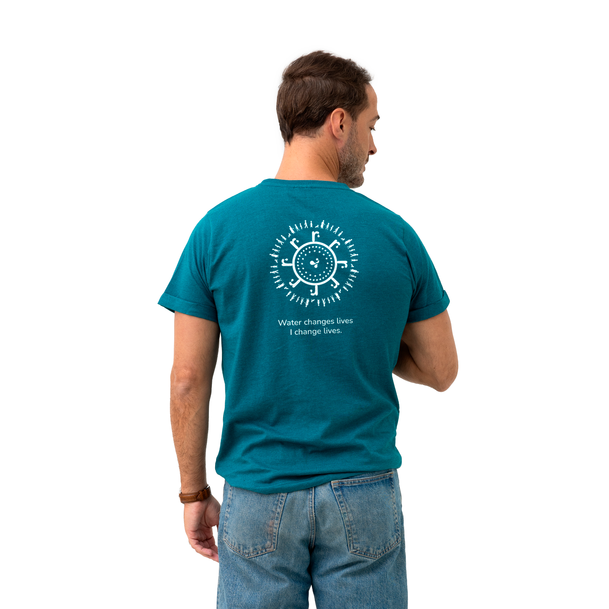 t-shirt in teal color with water for all logo in white from back