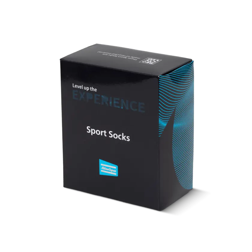 Navy blue and white socks, atlas copco branded