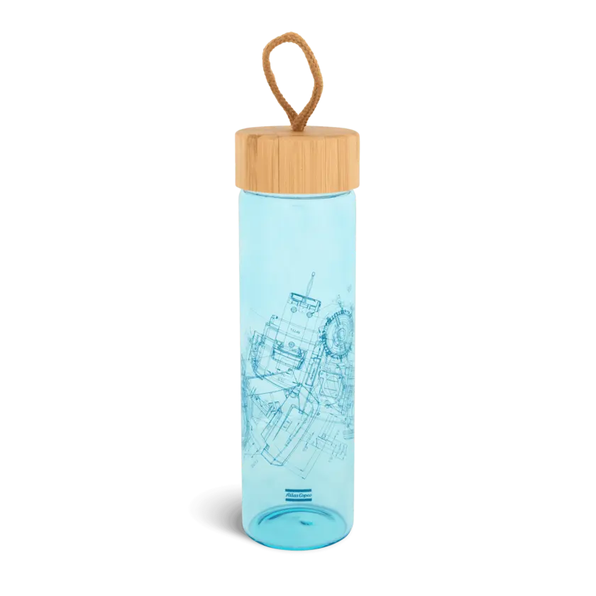 blue glassbottle with atlas copco pattern