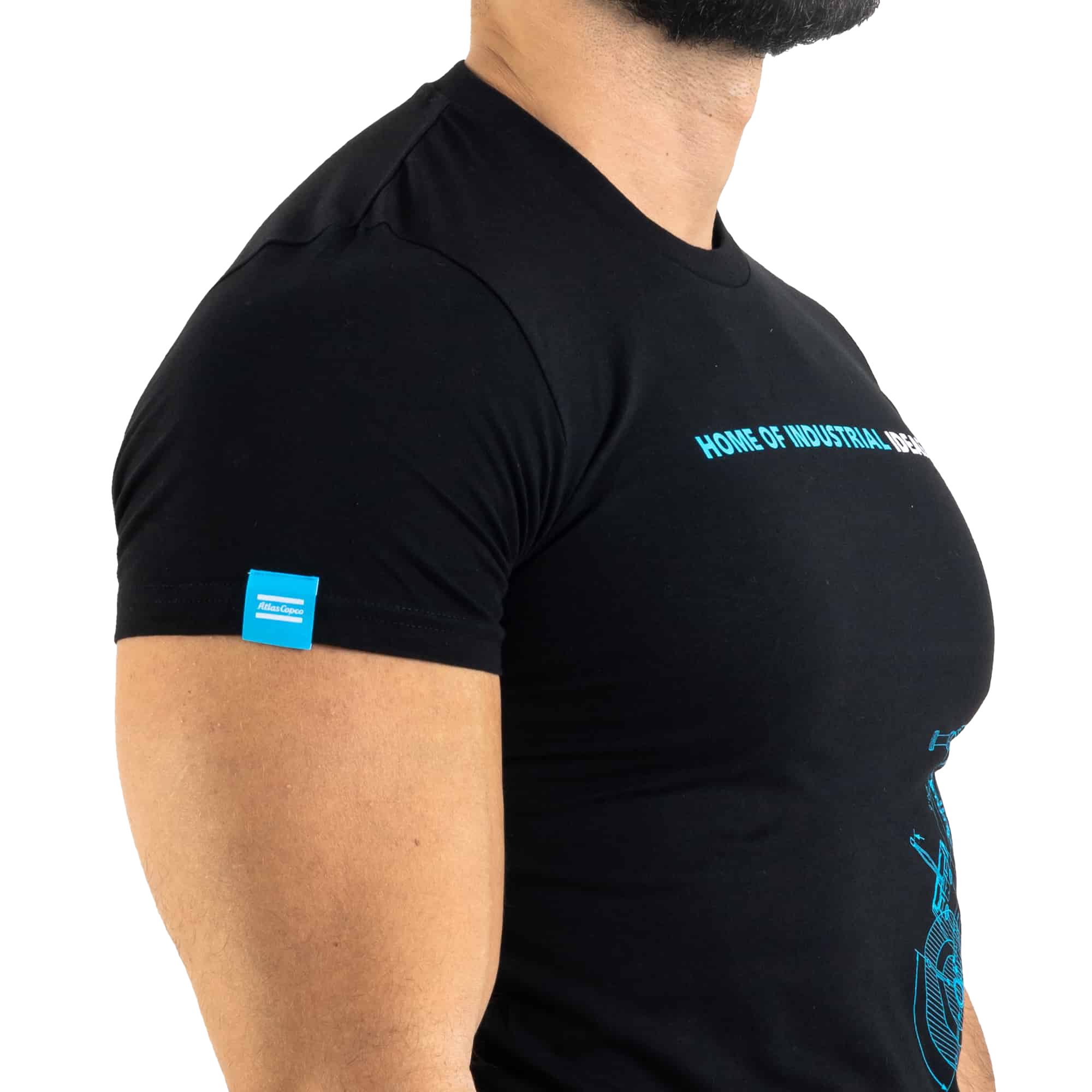 Black atlas copco tshirt with woven label on right sleeve
