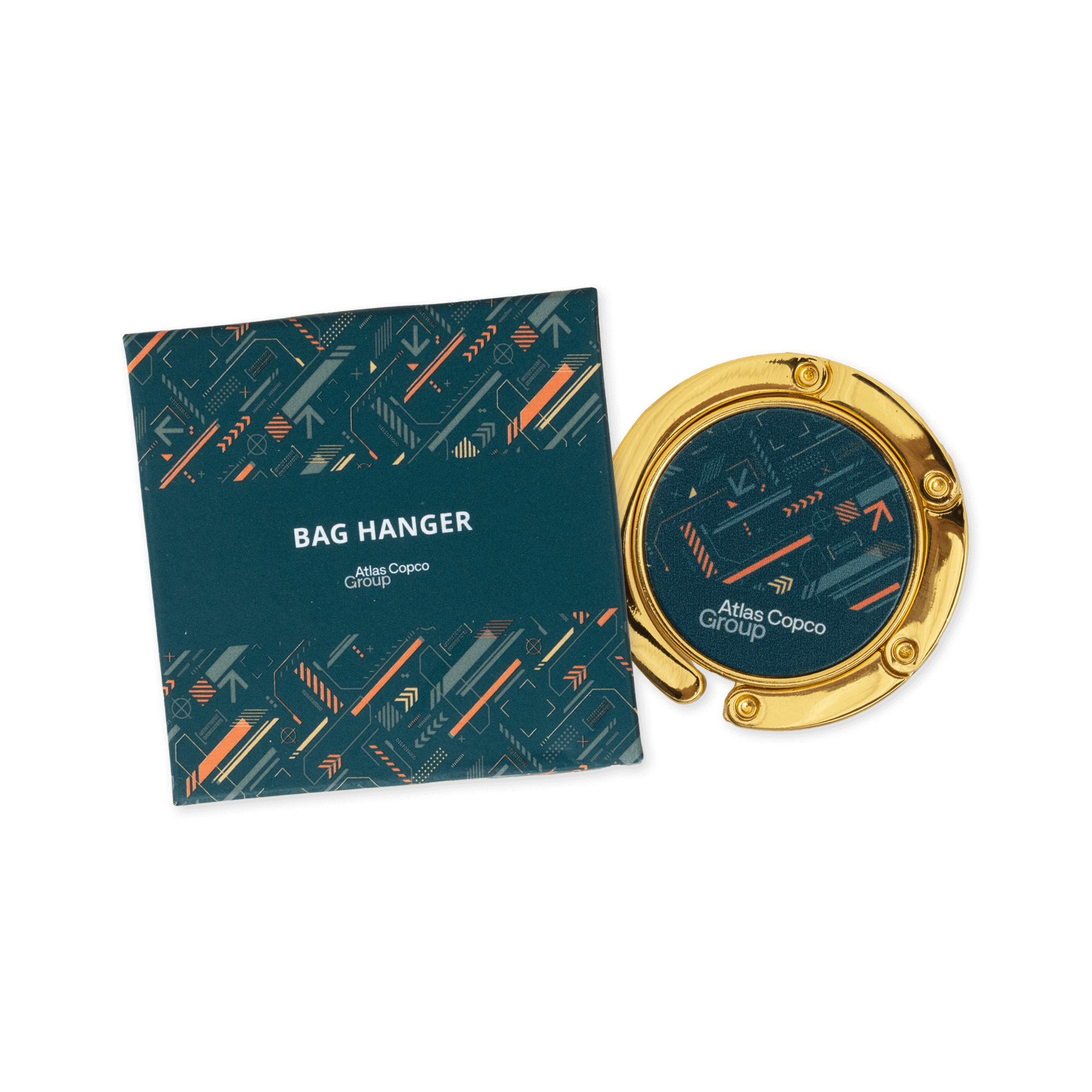 bag hanger with atlas copco group logo and envelop