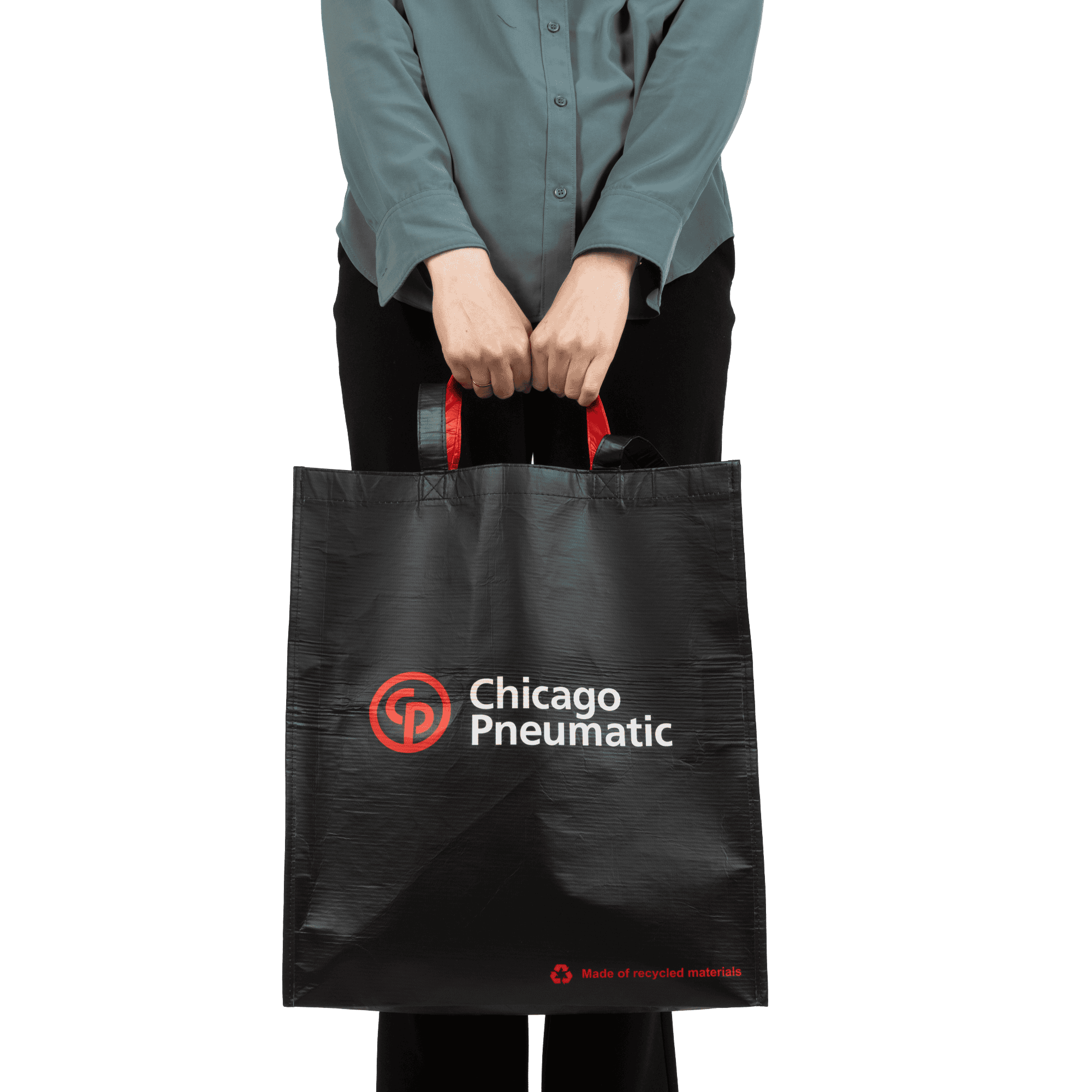 Black totebag with red small handles and a red and white CP logo