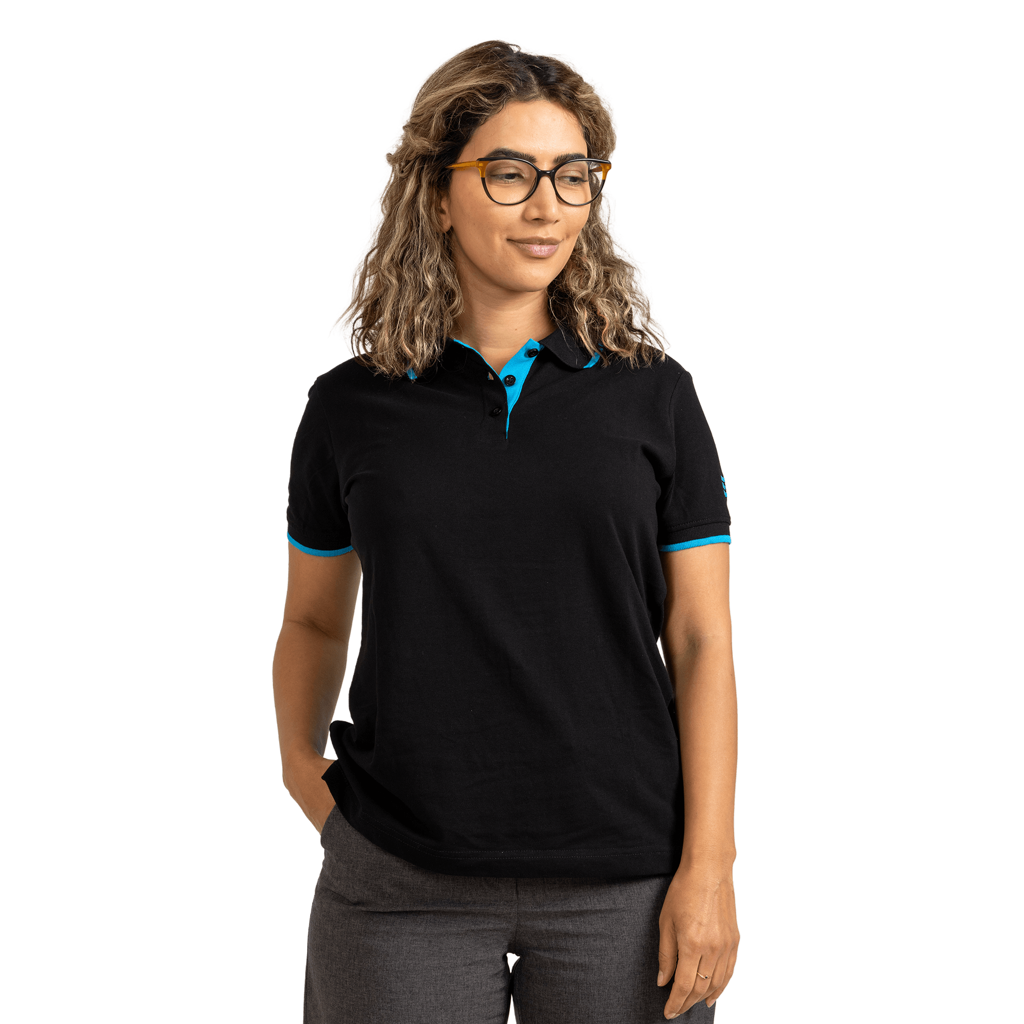 woman wearing black polo shirt with blue details
