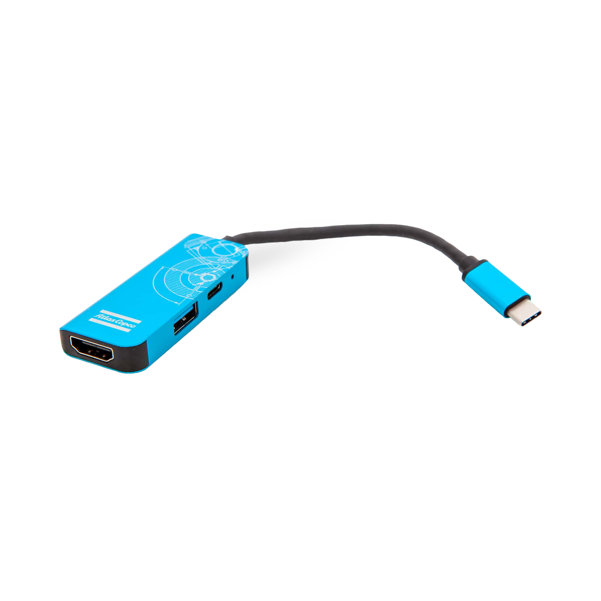 blue usb hub in blue with white blueprint and logo