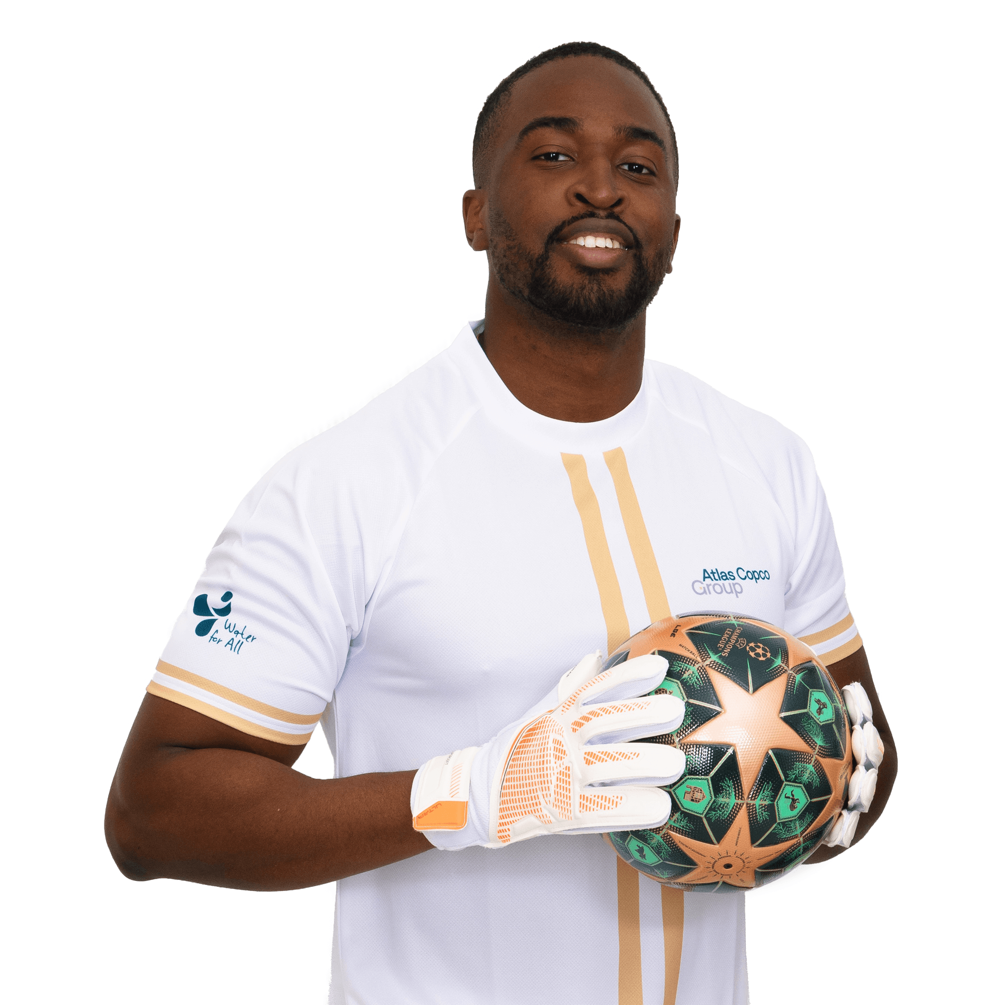 white soccer jersey clothes with atlas copco group logo close up