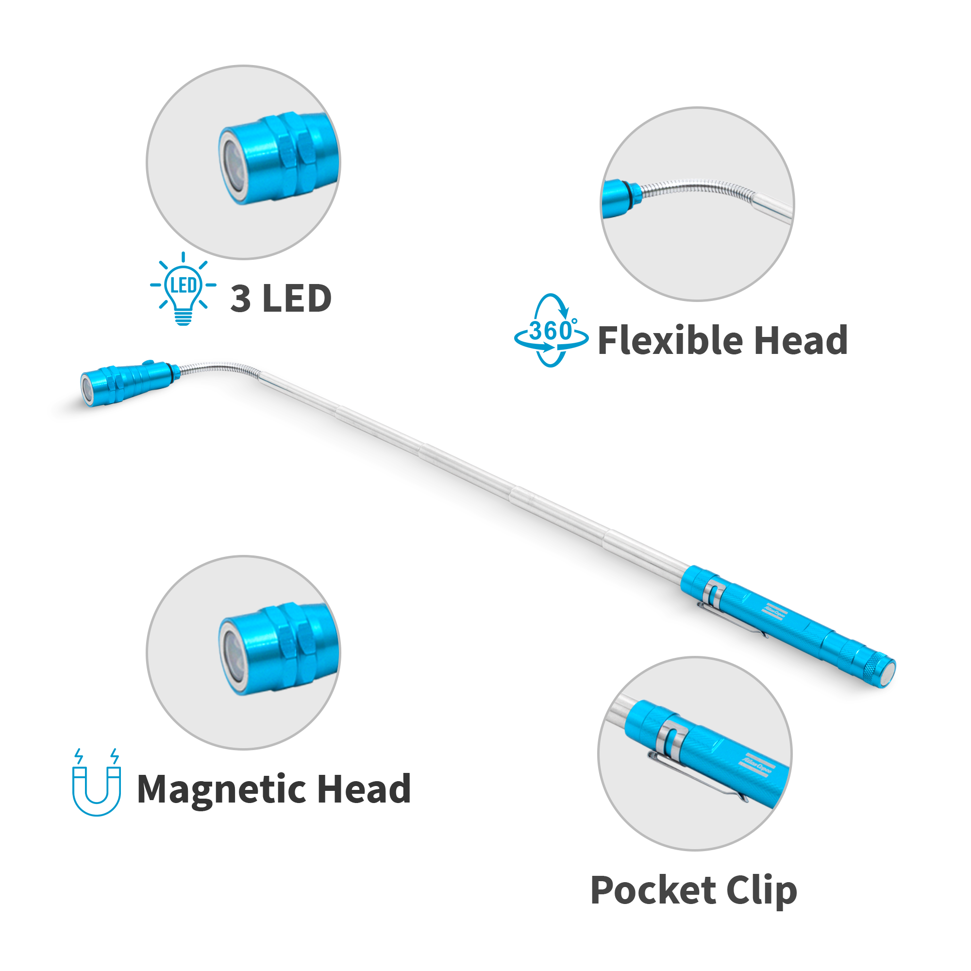 blue telescope flashlight with atlas copco logo