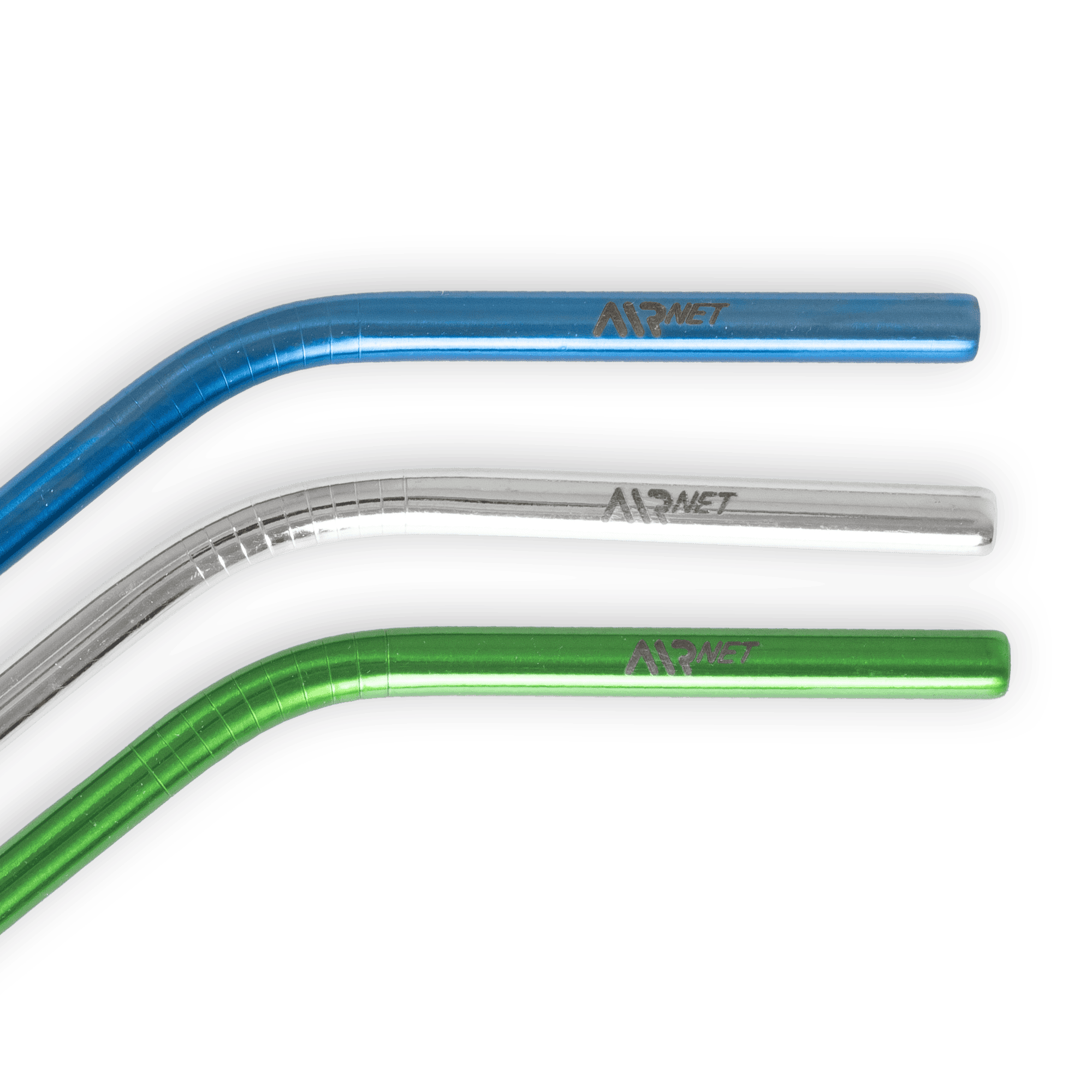 three metallic straws with air net logo close up