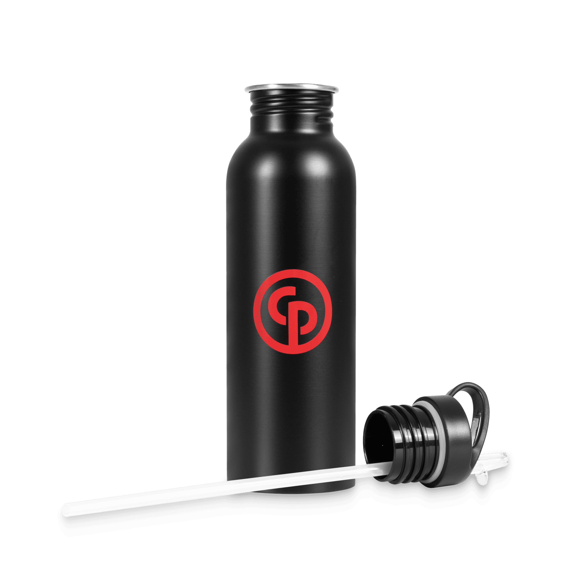 black water bottle with chicago pneumatic logo in red with no lid on