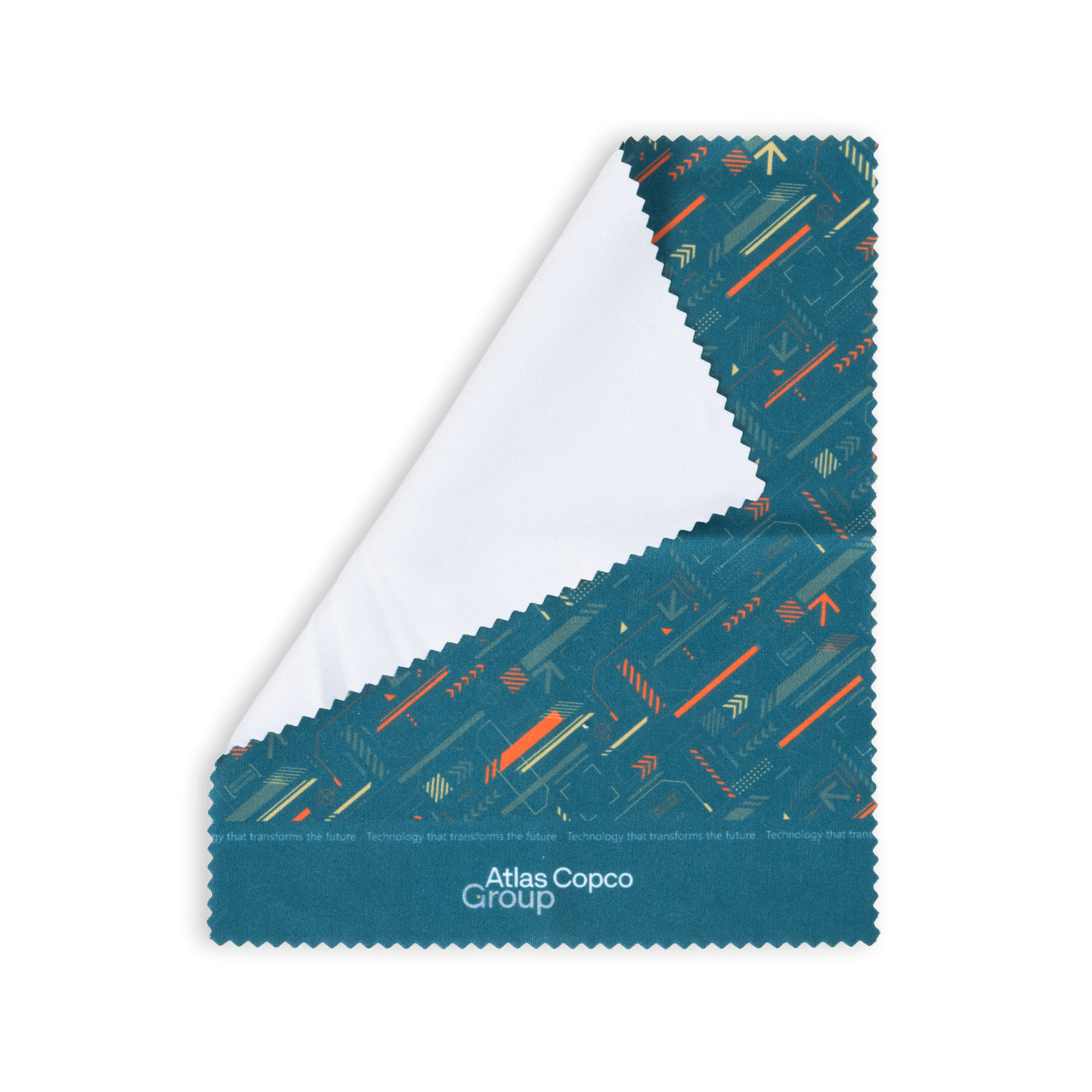 folded cleaning cloth with atlas copco group logo and pattern