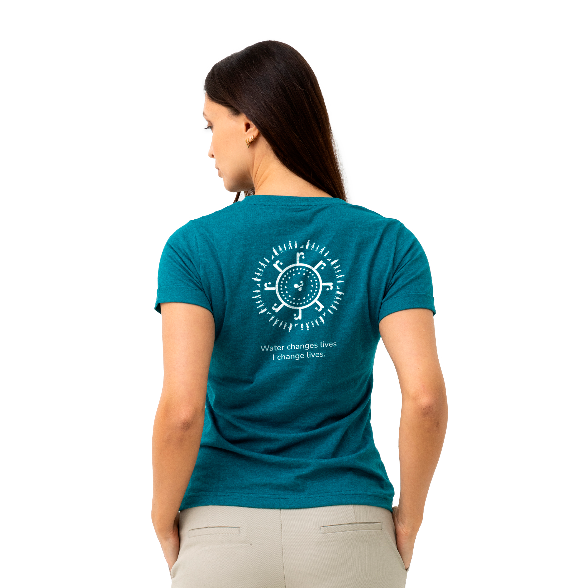 t-shirt in teal color with water for all logo in white on back