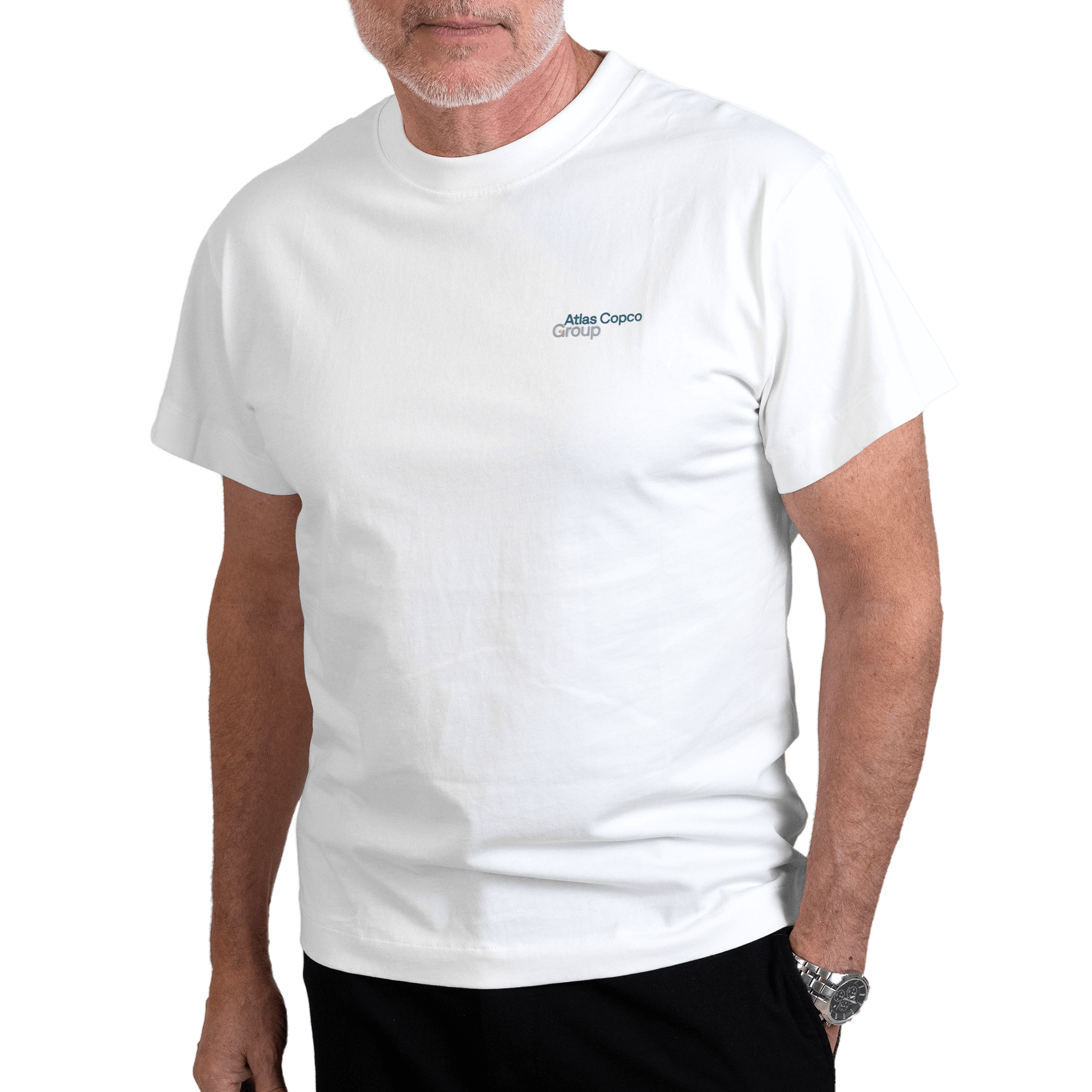 man wearing white tshirt with atlas copco group logo