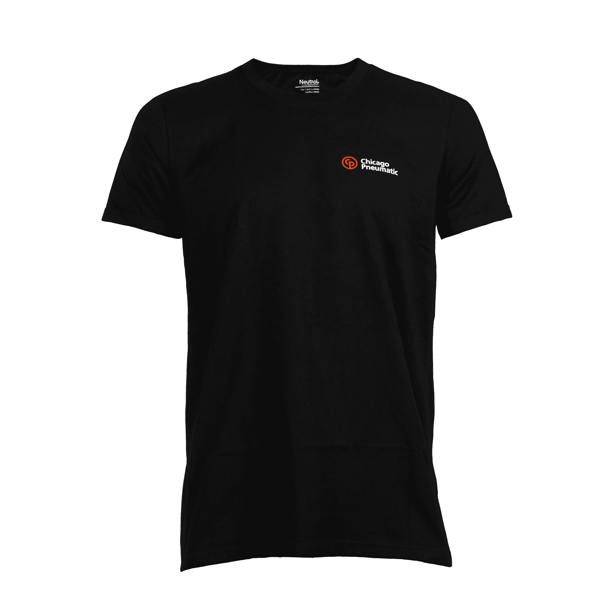 black t-shirt with chicago pneumatic logo in white