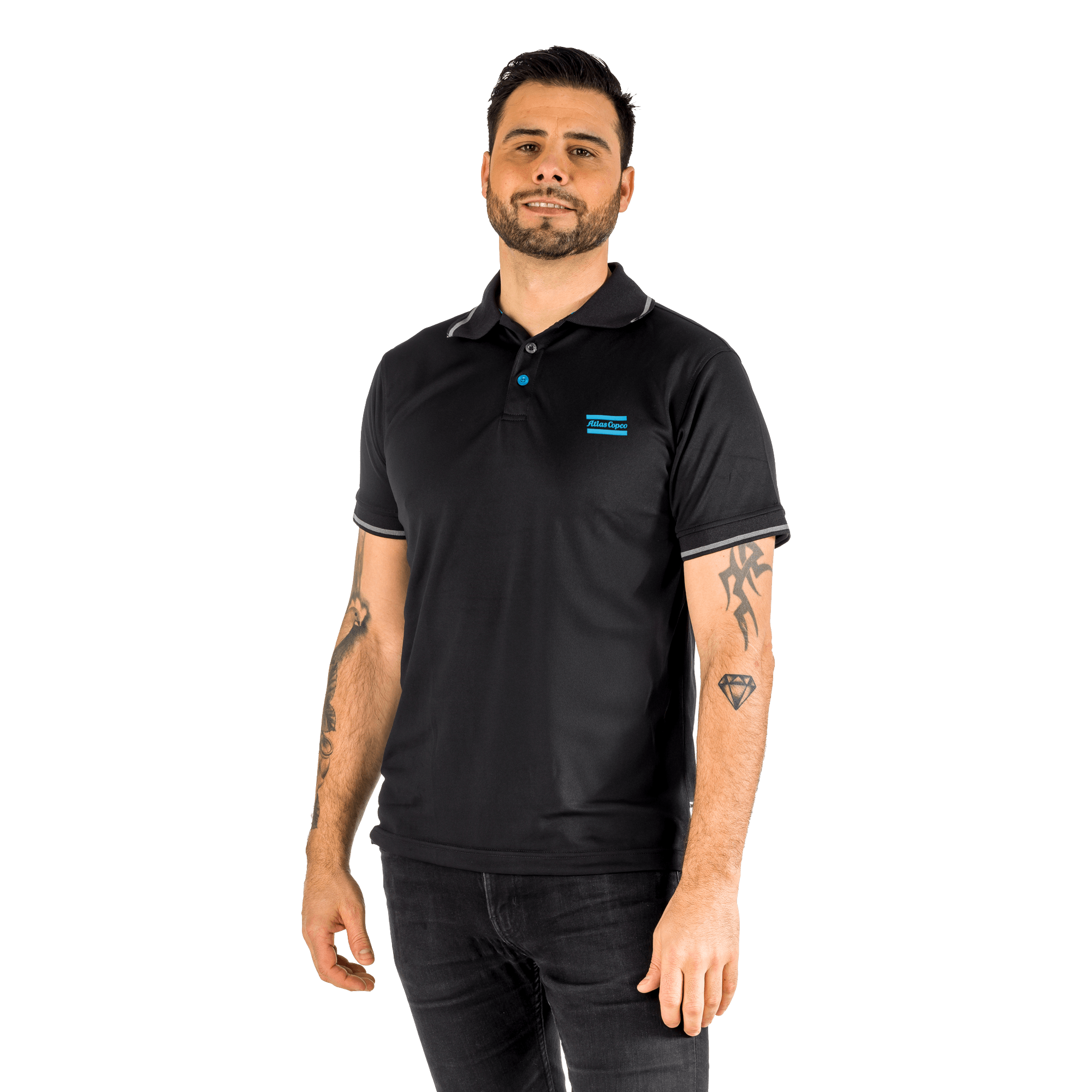 black polo with blue atlas copco logo