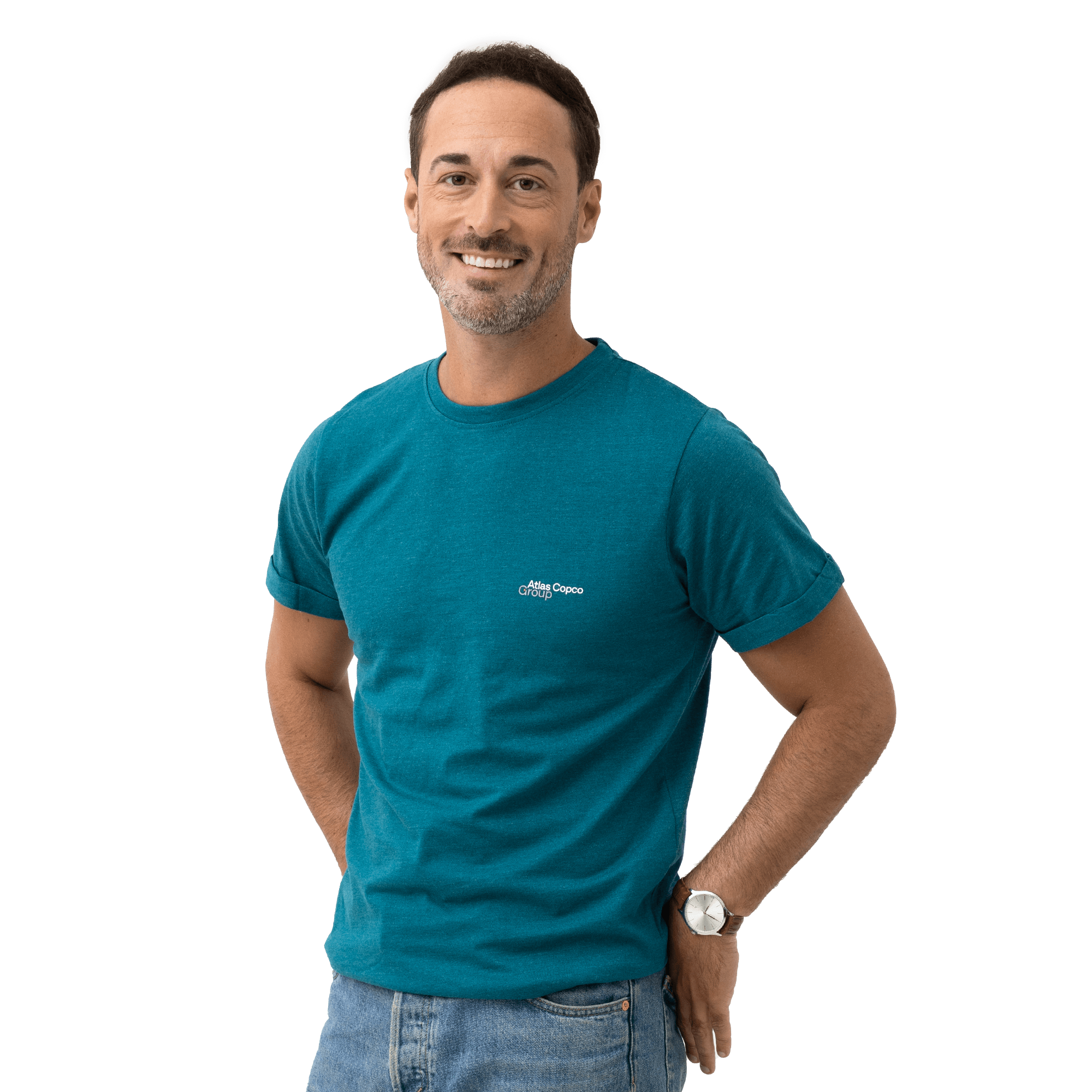 t-shirt in teal color with atlas copco group logo on male model
