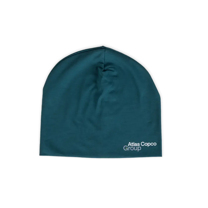 teal beanie with atlas copco group logo
