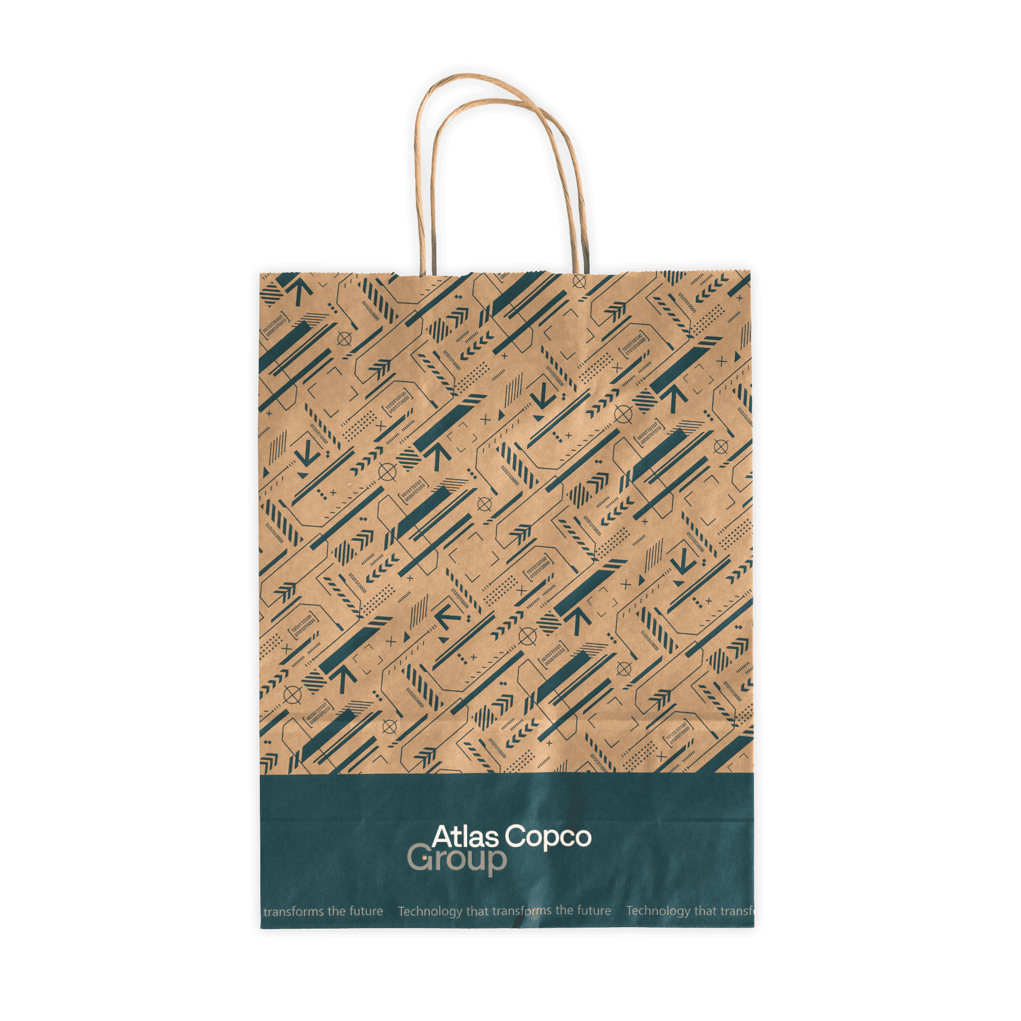 atlas copco group paper bag with teal pattern