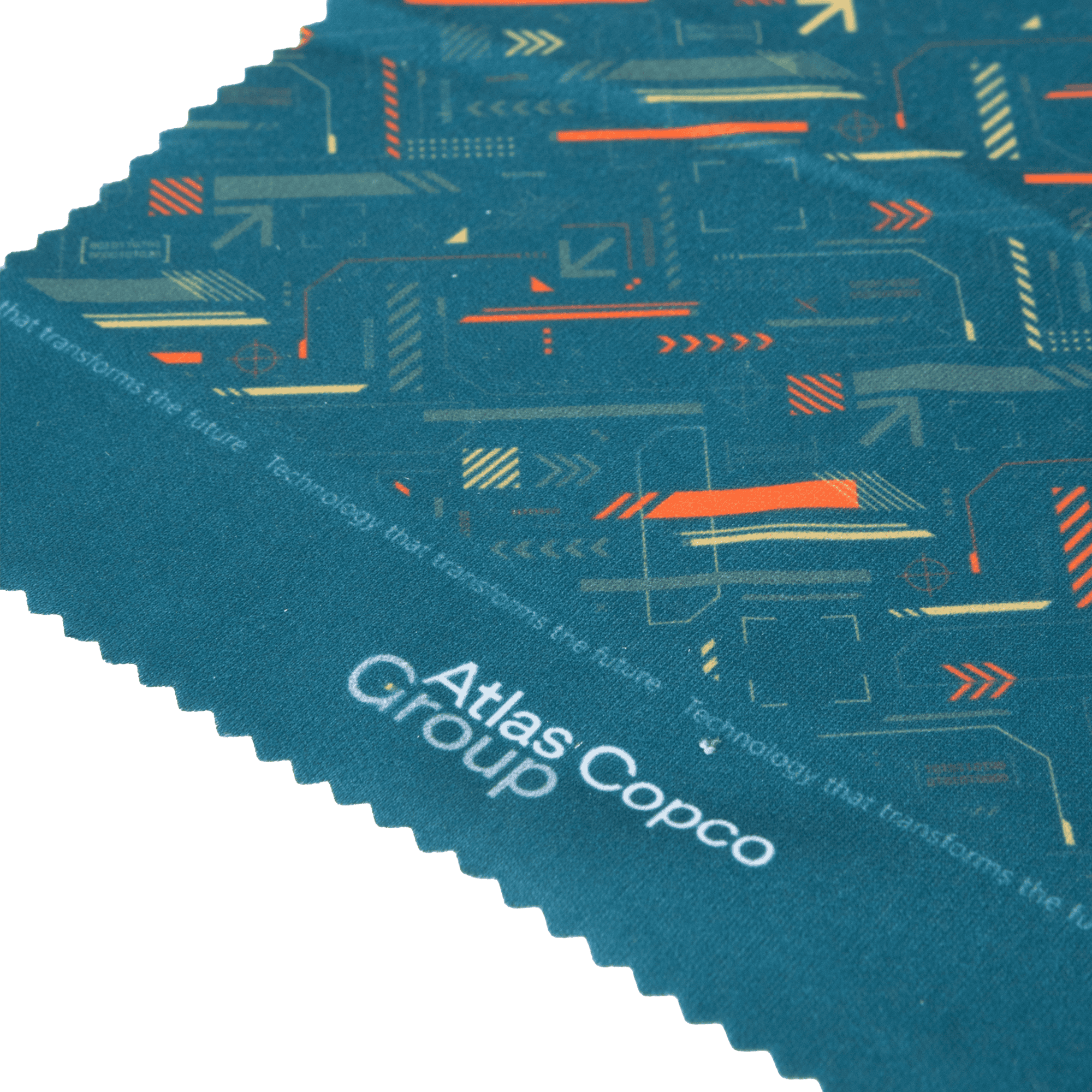 cleaning cloth with atlas copco group logo and pattern close up