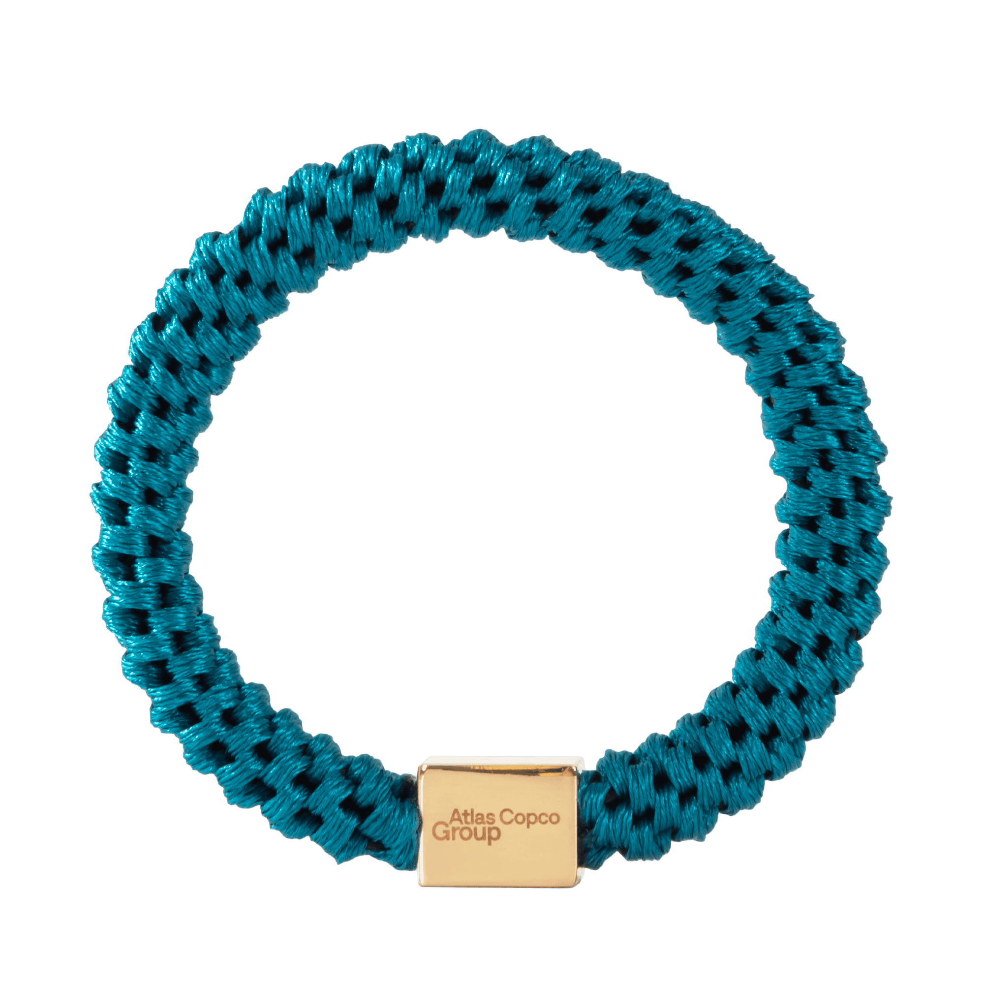 teal hair tie with golded box and atlas copco group logo