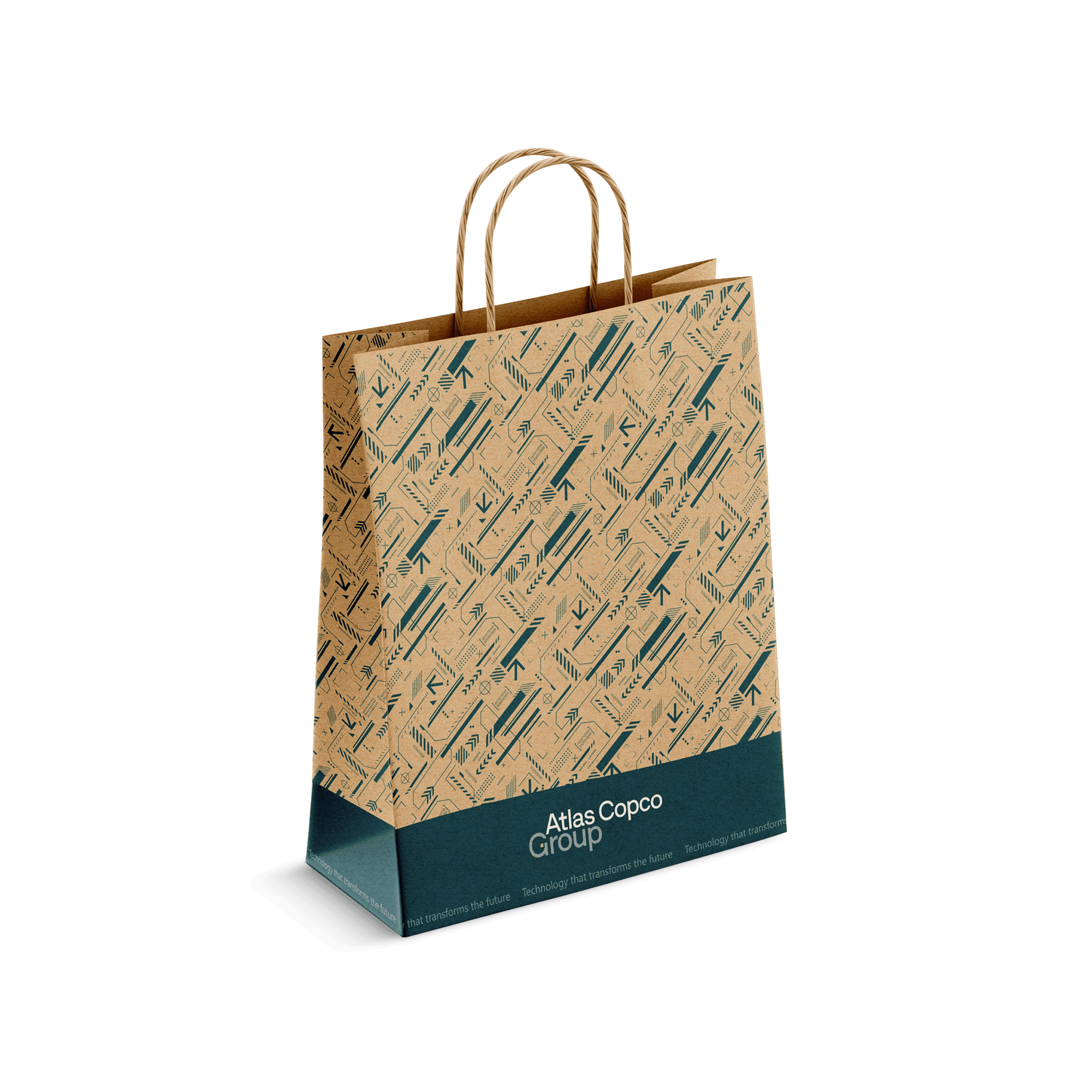 atlas copco group paper bag with teal pattern