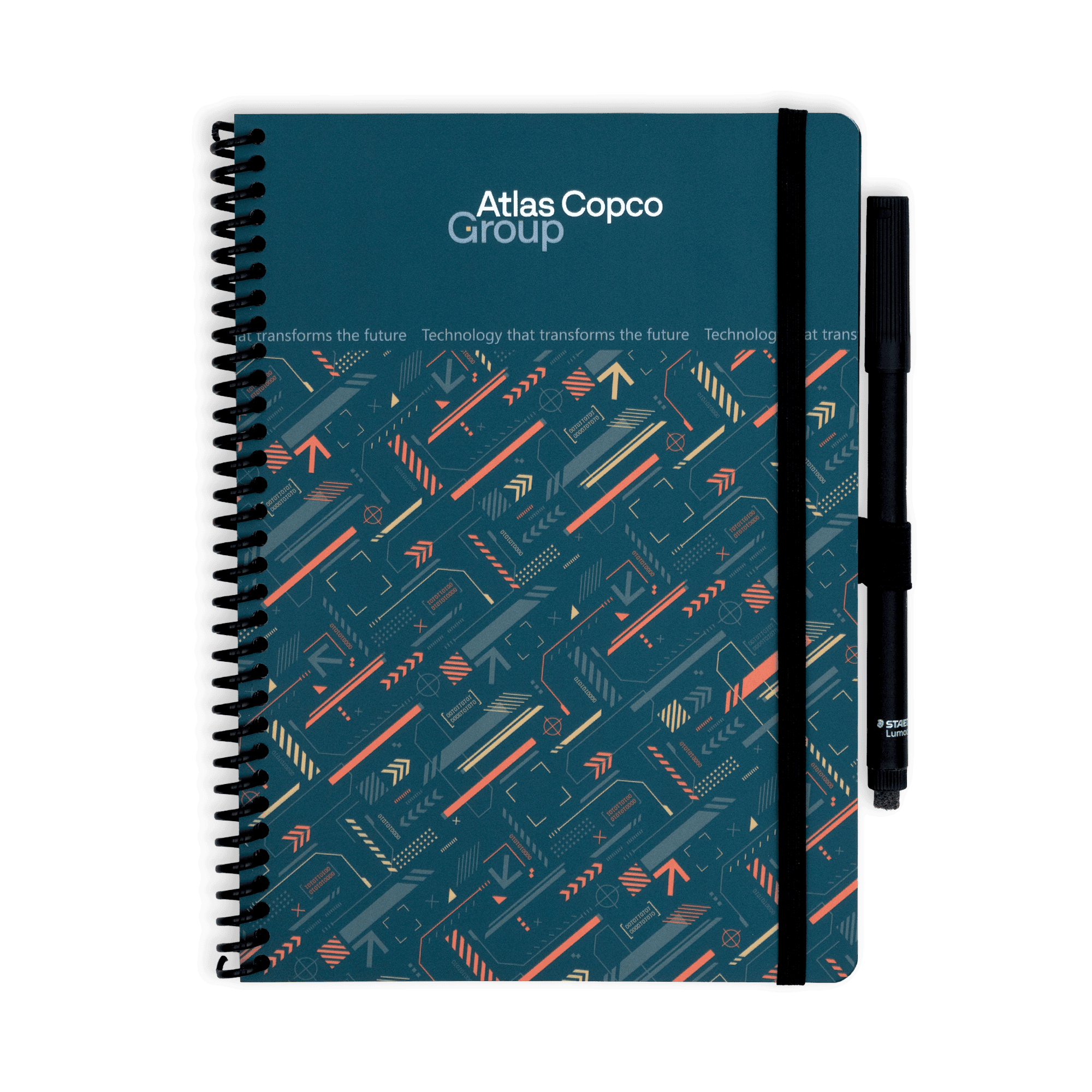 erasable notebook with atlas copco group logo and pattern