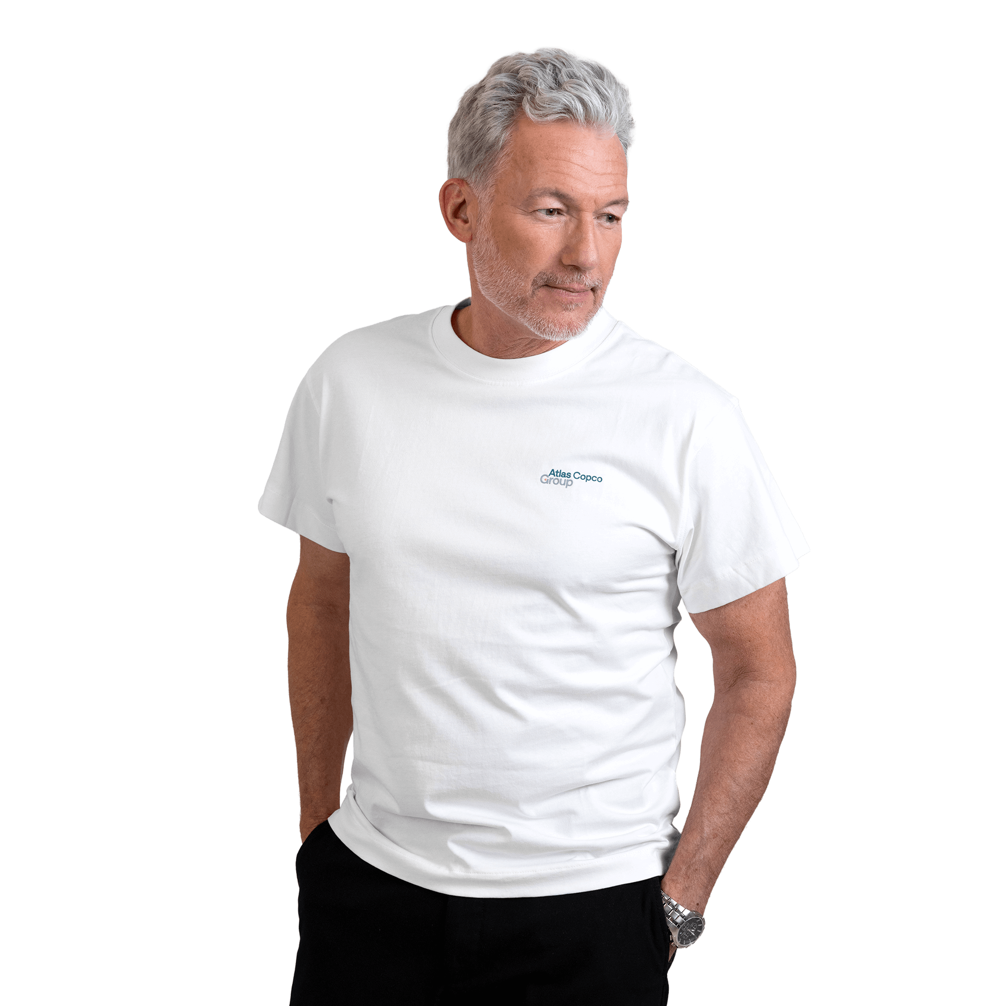 man wearing white tshirt with atlas copco group logo