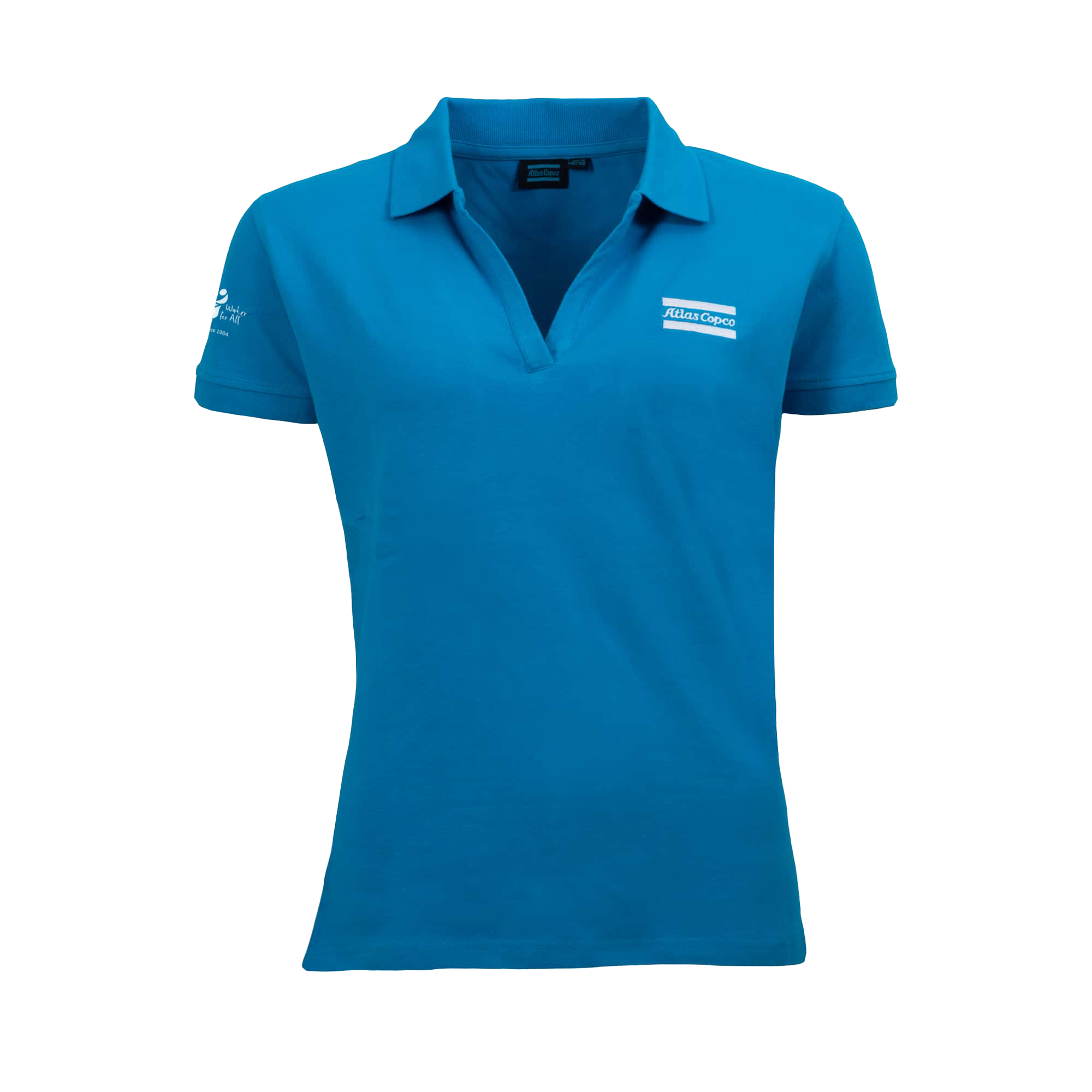 blue polo with atlas copco logo in white