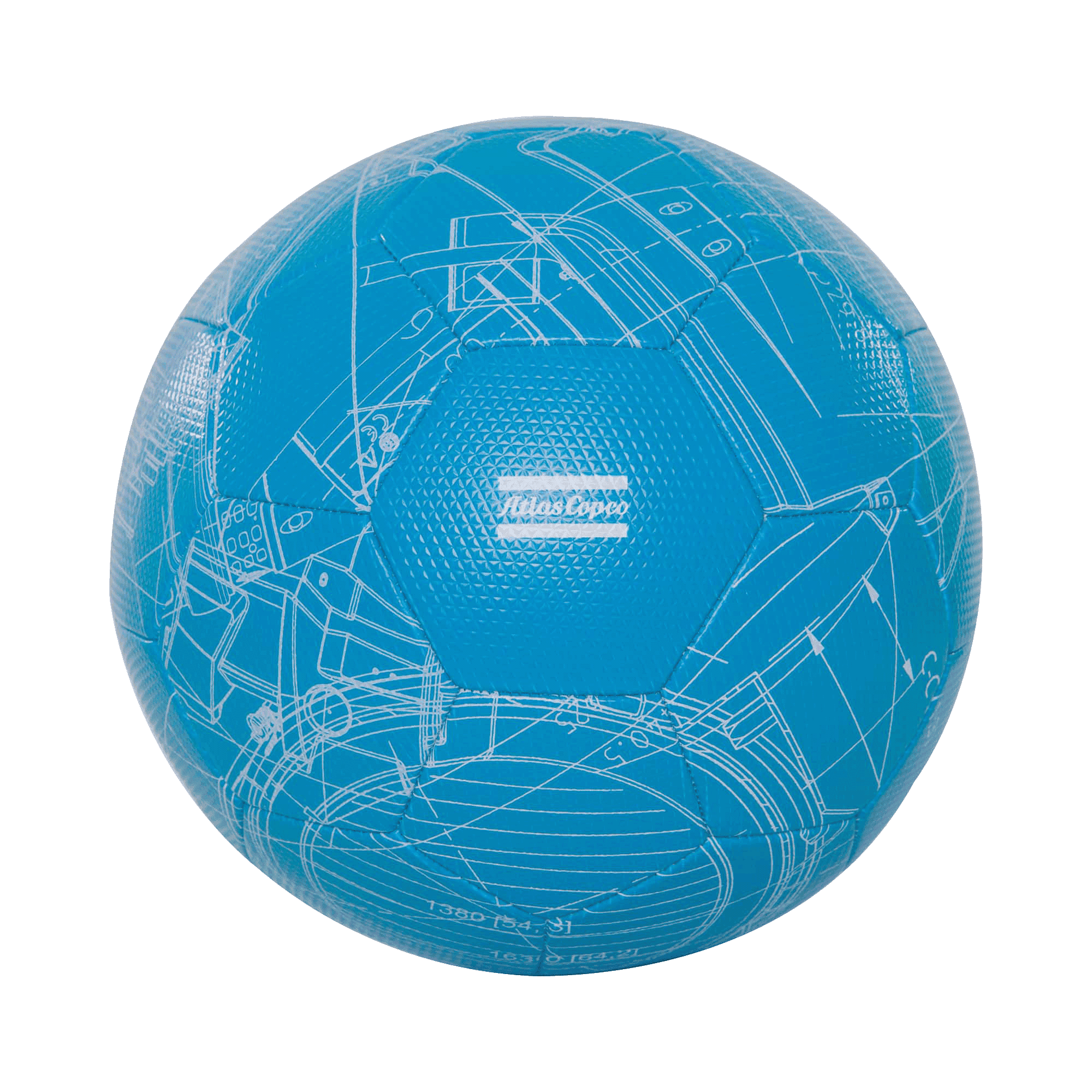 blue atlas copco football with white blueprint and logo