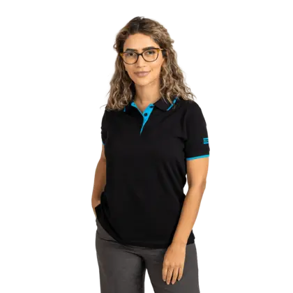 woman wearing black polo shirt with blue details