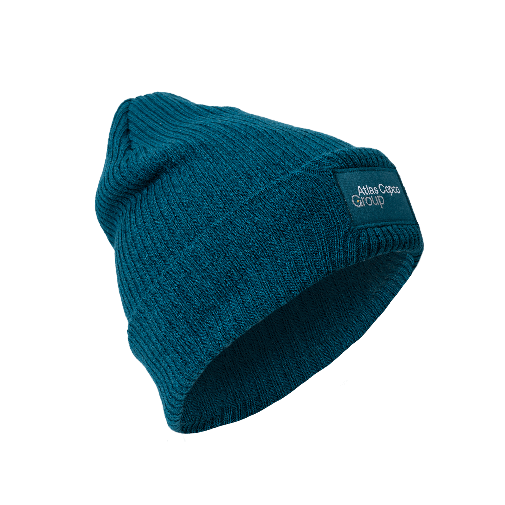 teal winter hat with atlas copco group logo