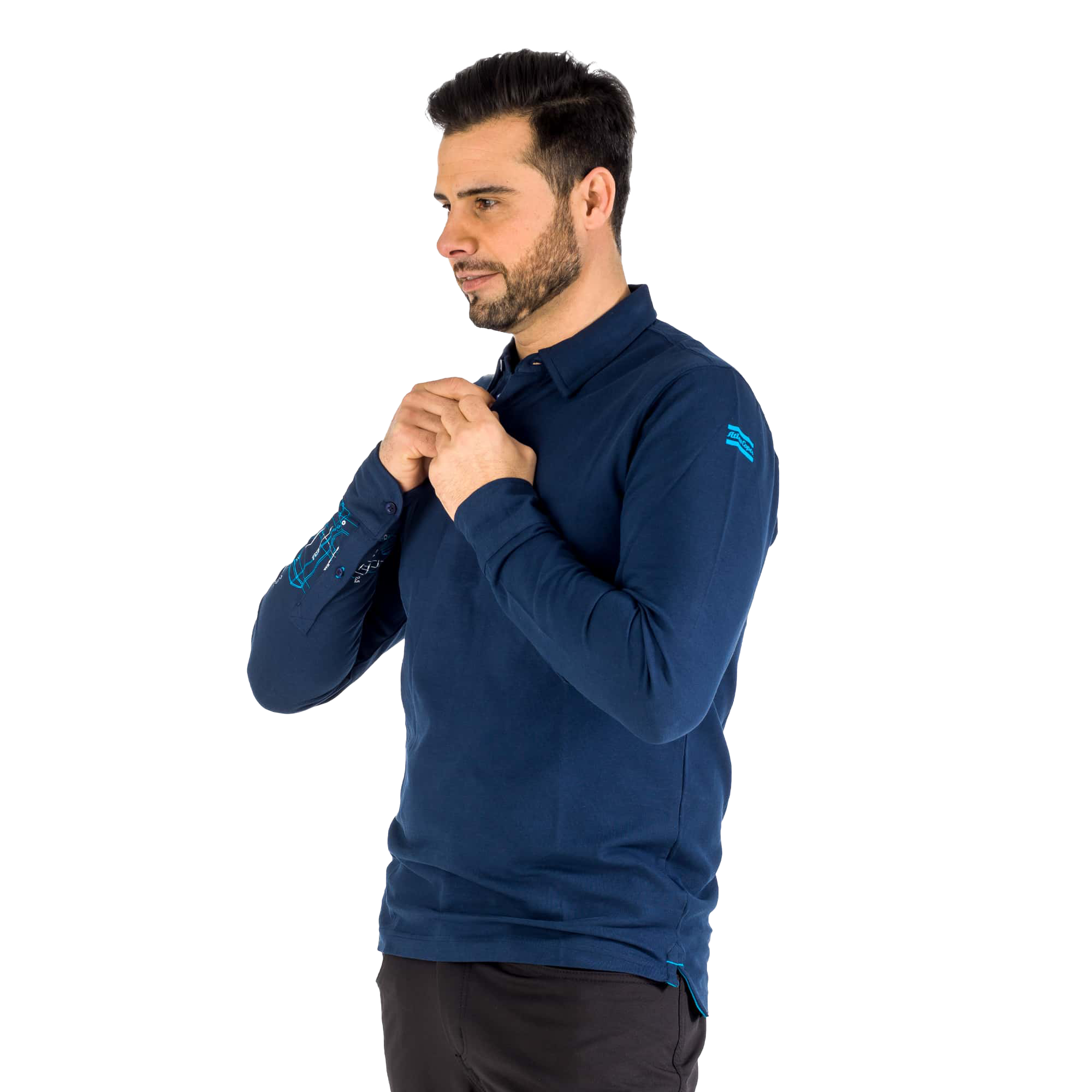 blue long-sleeve polo with blueprint pattern and atlas copco logo on left shoulder