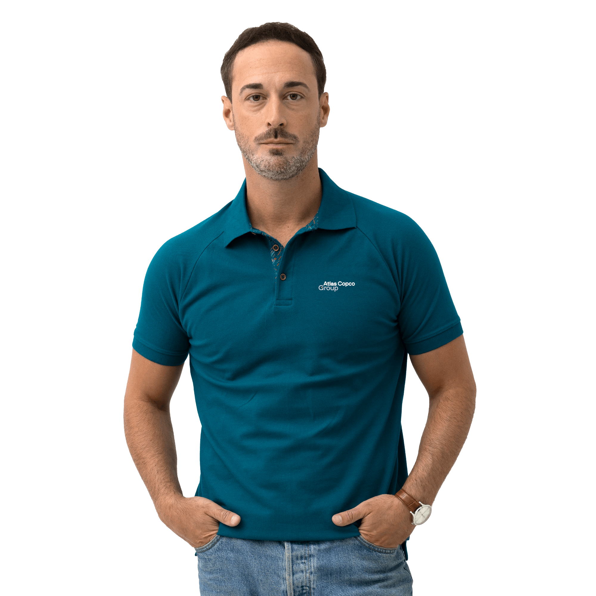 teal atlas copco group polo with white logo