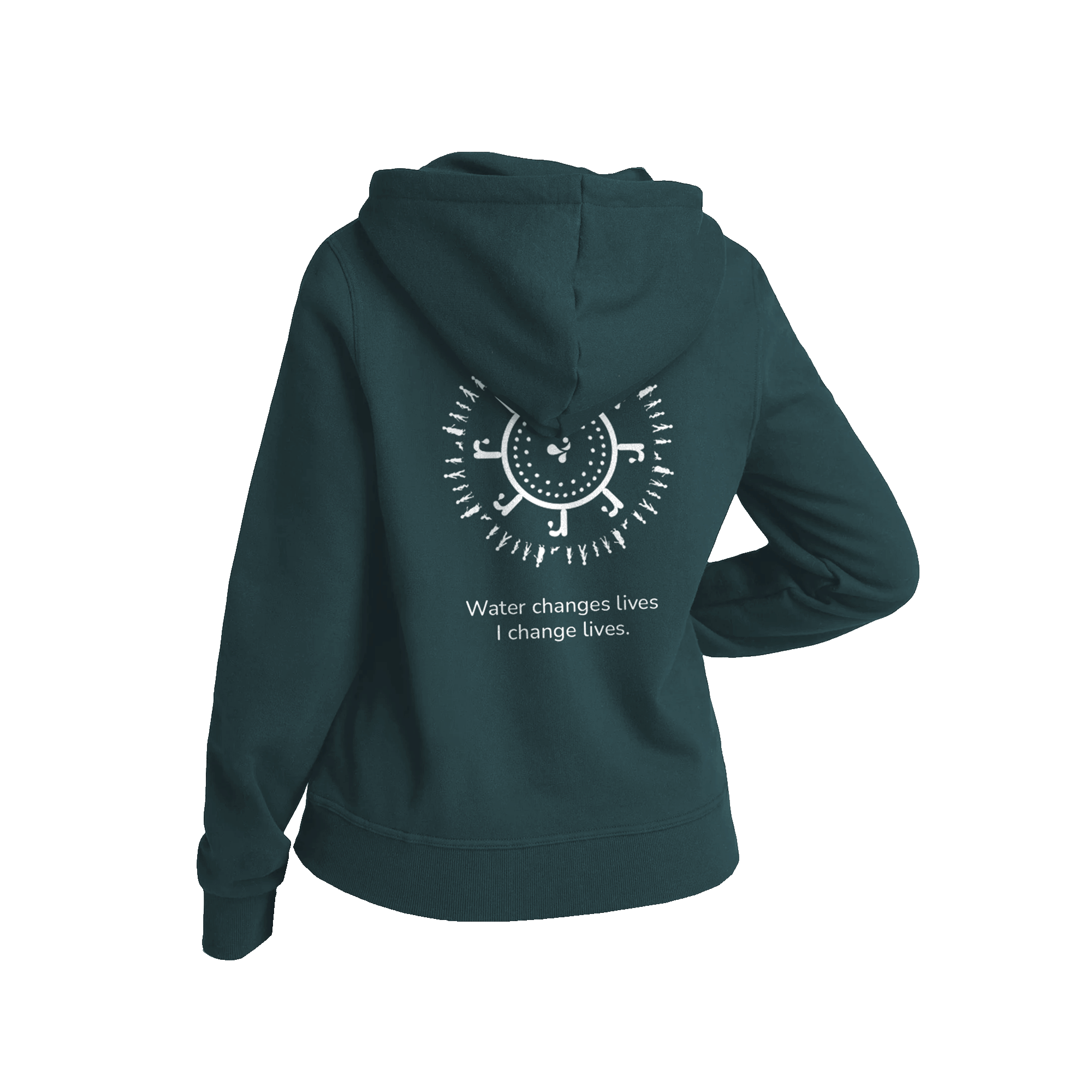 teal atlas copco group hoodie with water for all logo on the back
