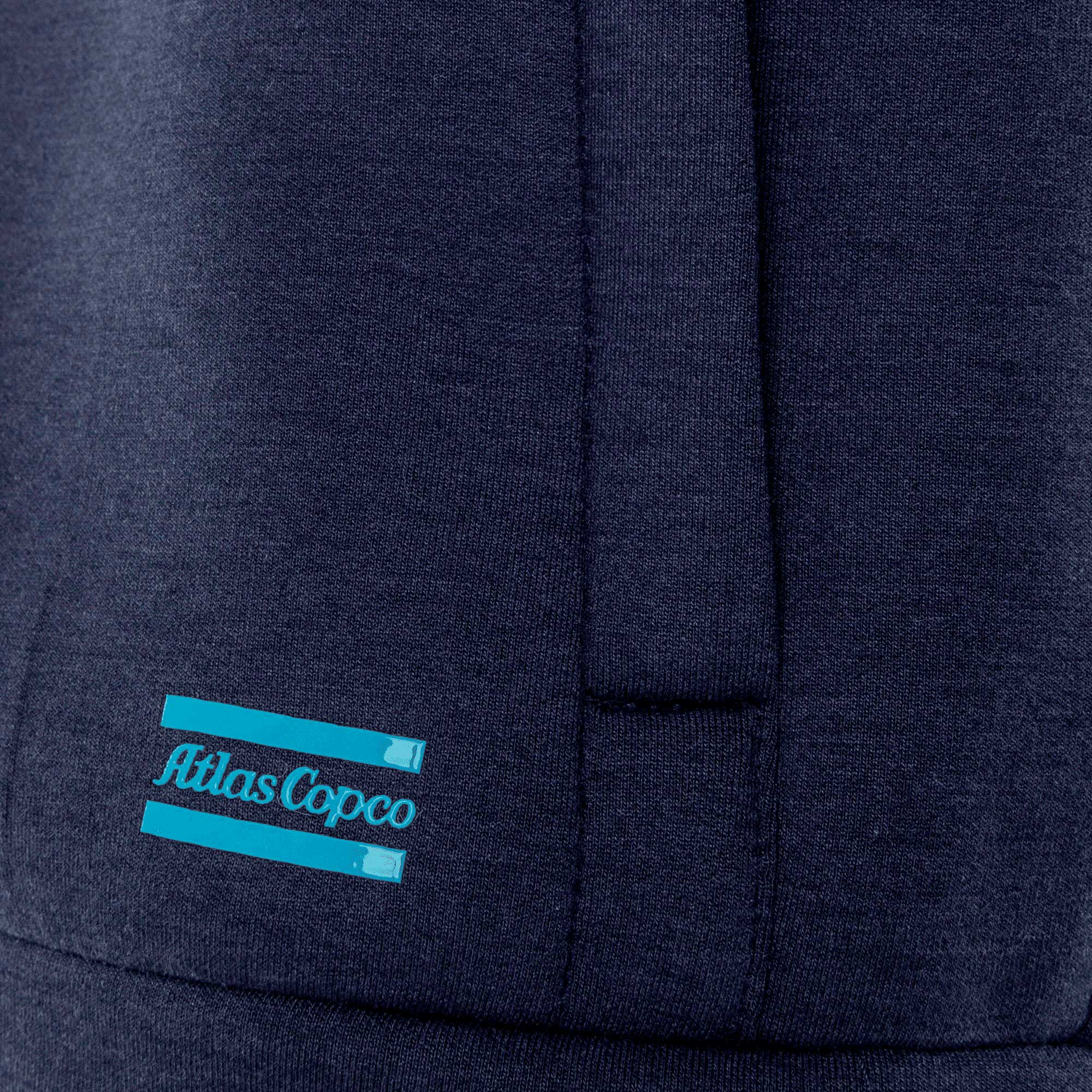 navy blue hoodie with atlas copco logo