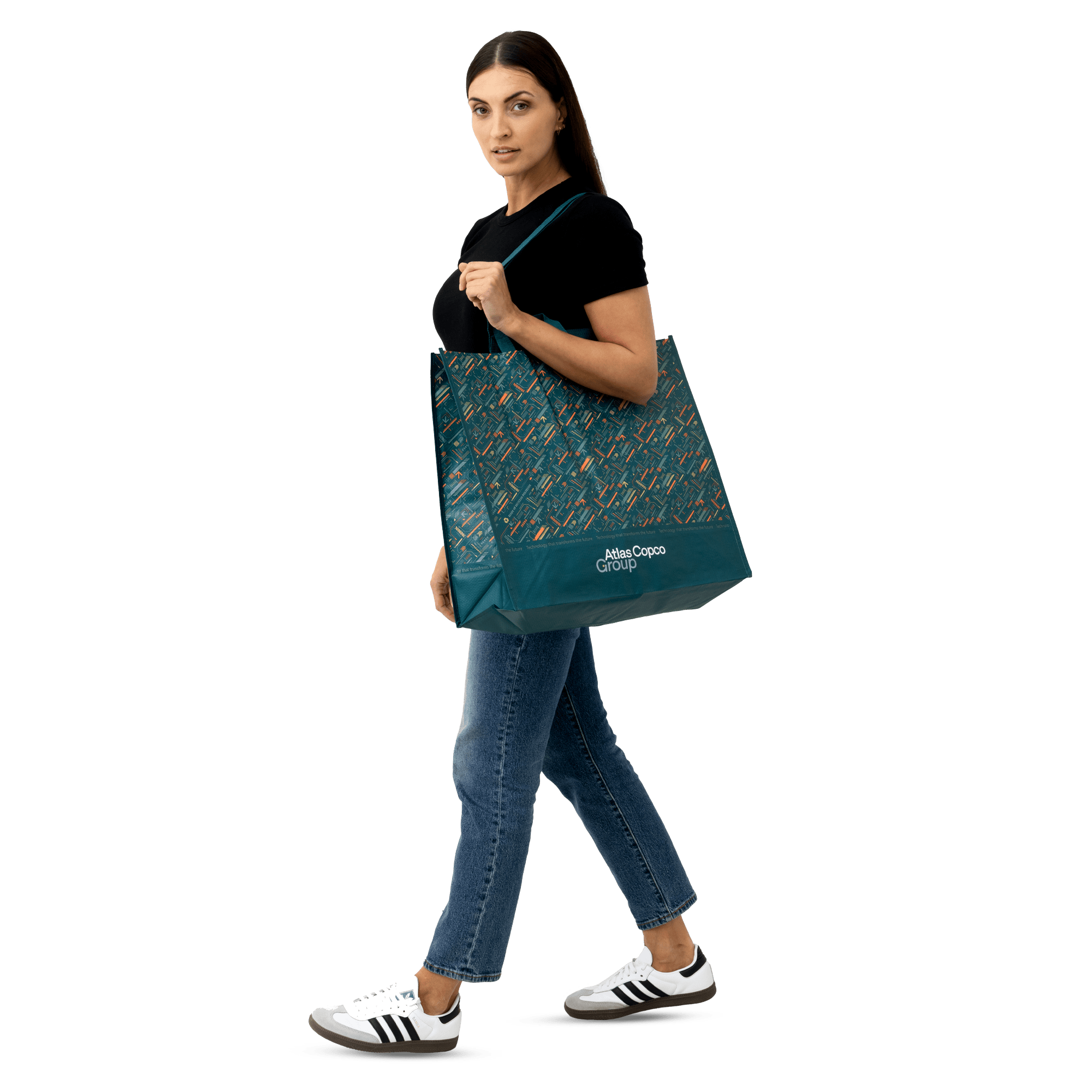 large shopping bag with atlas copco group logo and pattern on model