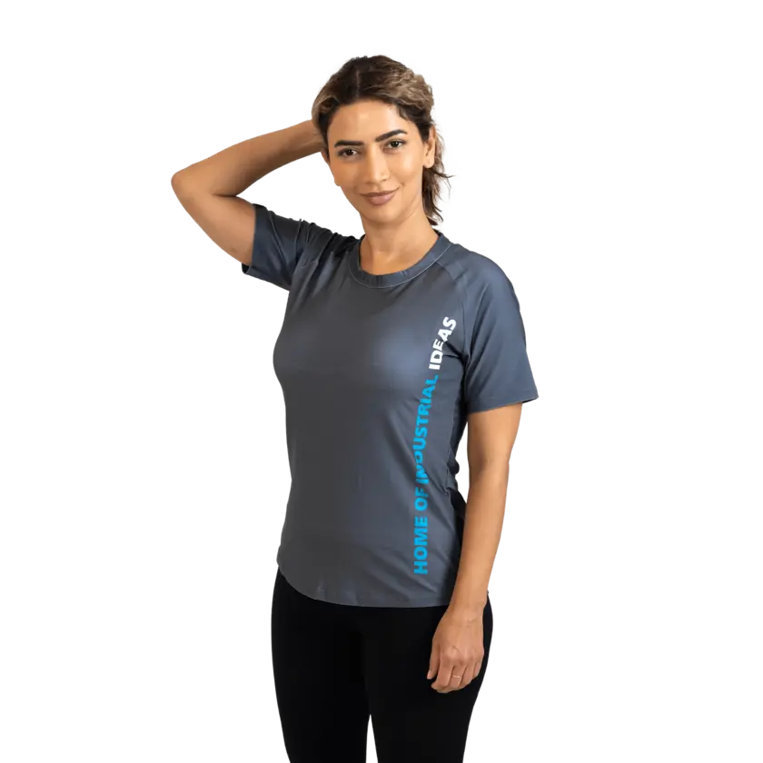 grey active tshirt with atlas copco label on sleeve