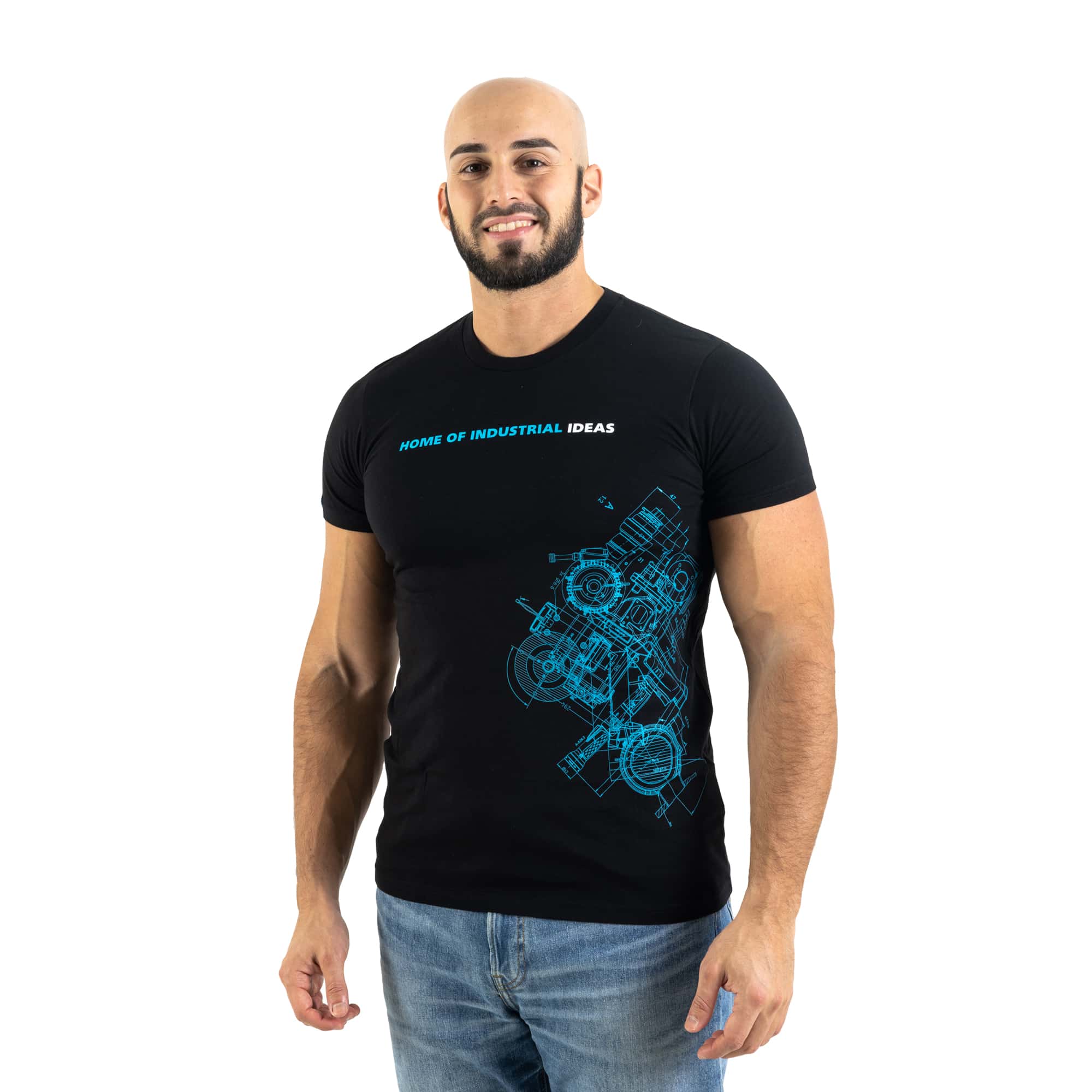 Black atlas copco tshirt with blueprint pattern and home of industrial ideas quote