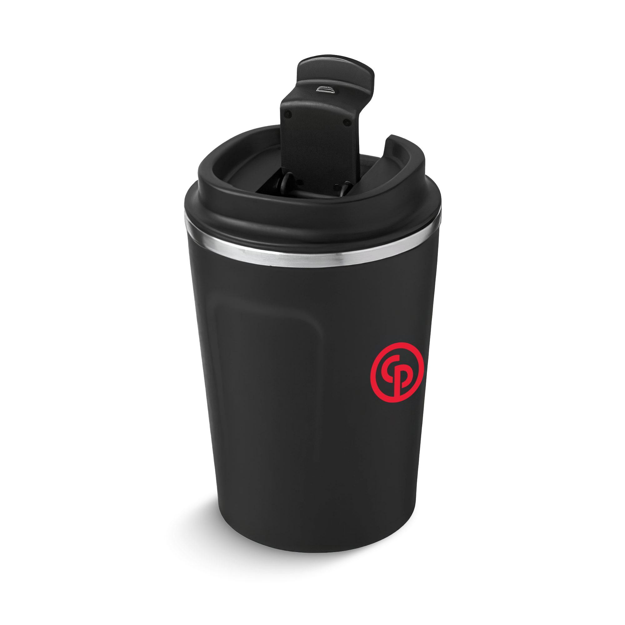 black travel mug with chicago pneumatic logo in red