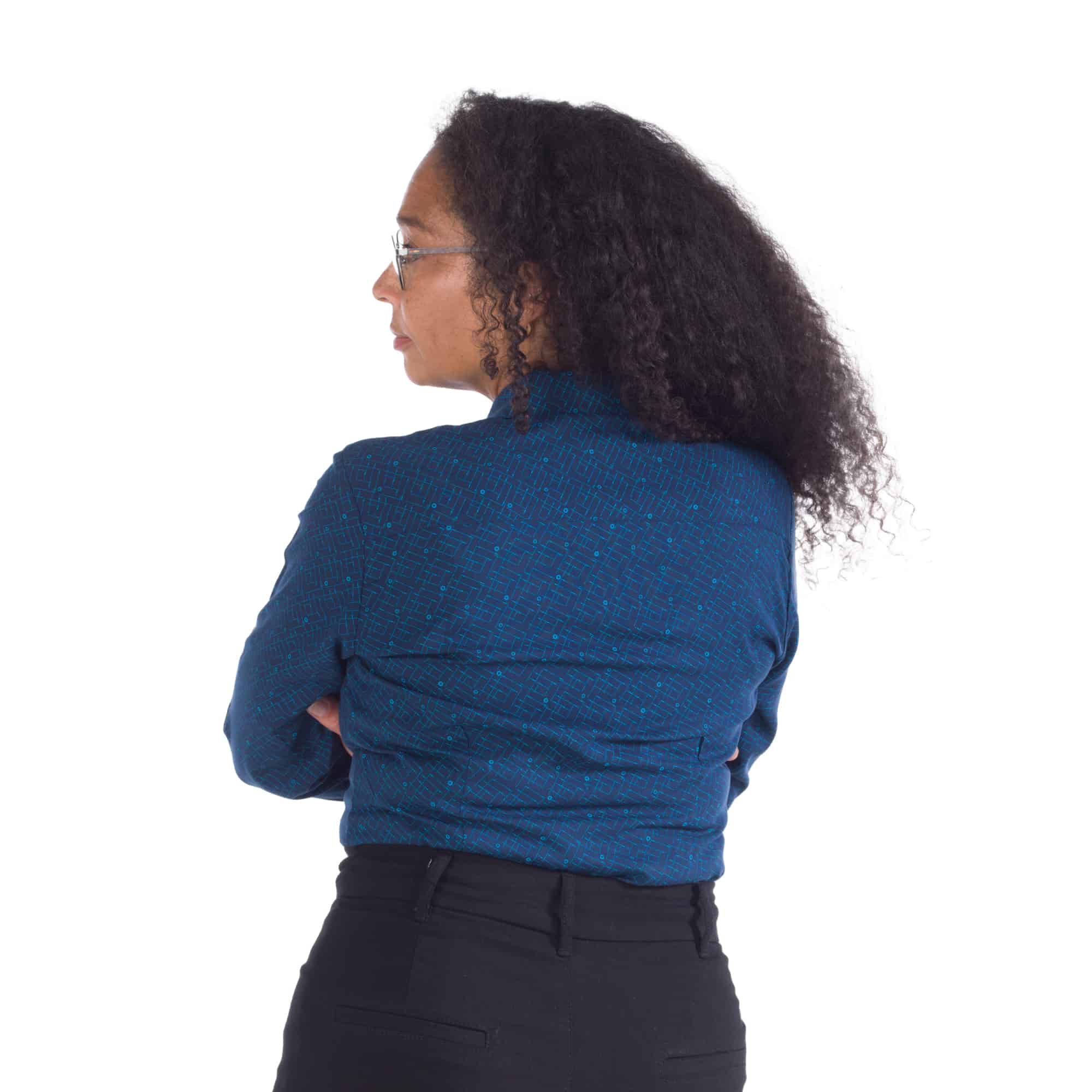 blue business shirt with blueprint pattern back